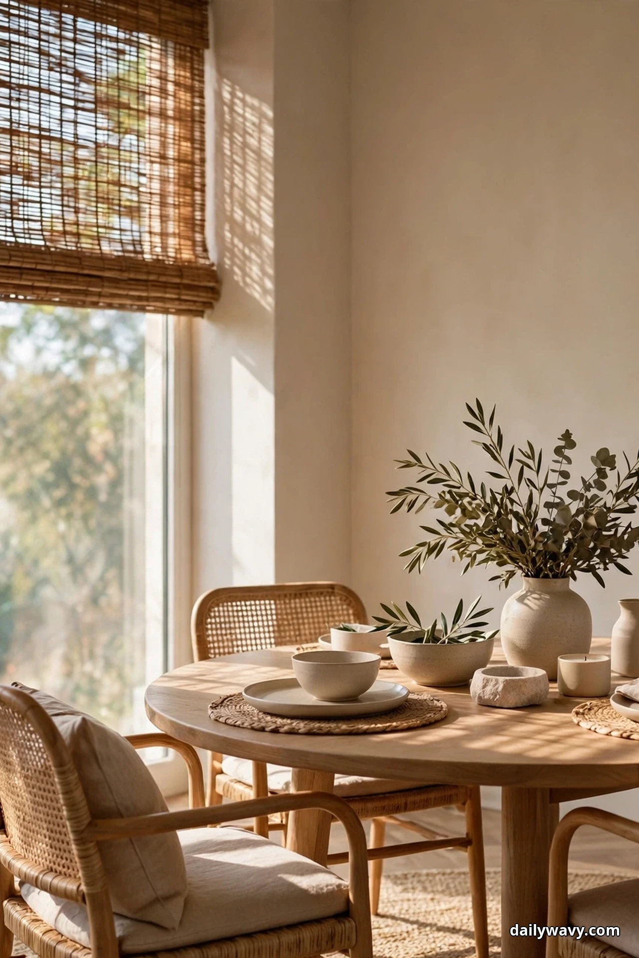 A woven wood shade hangs half-raised at a tall window beside a round dining table with rattan chairs, filtering daylight onto the place settings