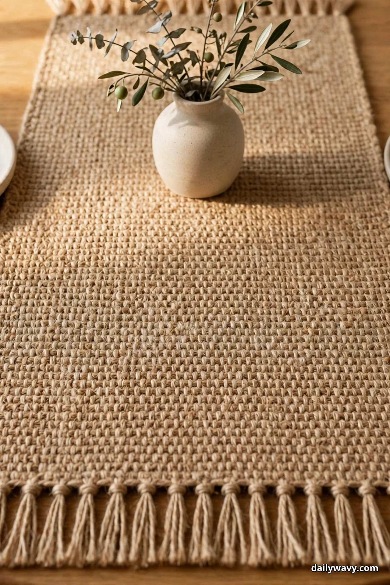 A close view shows a woven jute runner with a knotted fringe laid along a dining table, with a small cream vase of olive sprigs resting on it