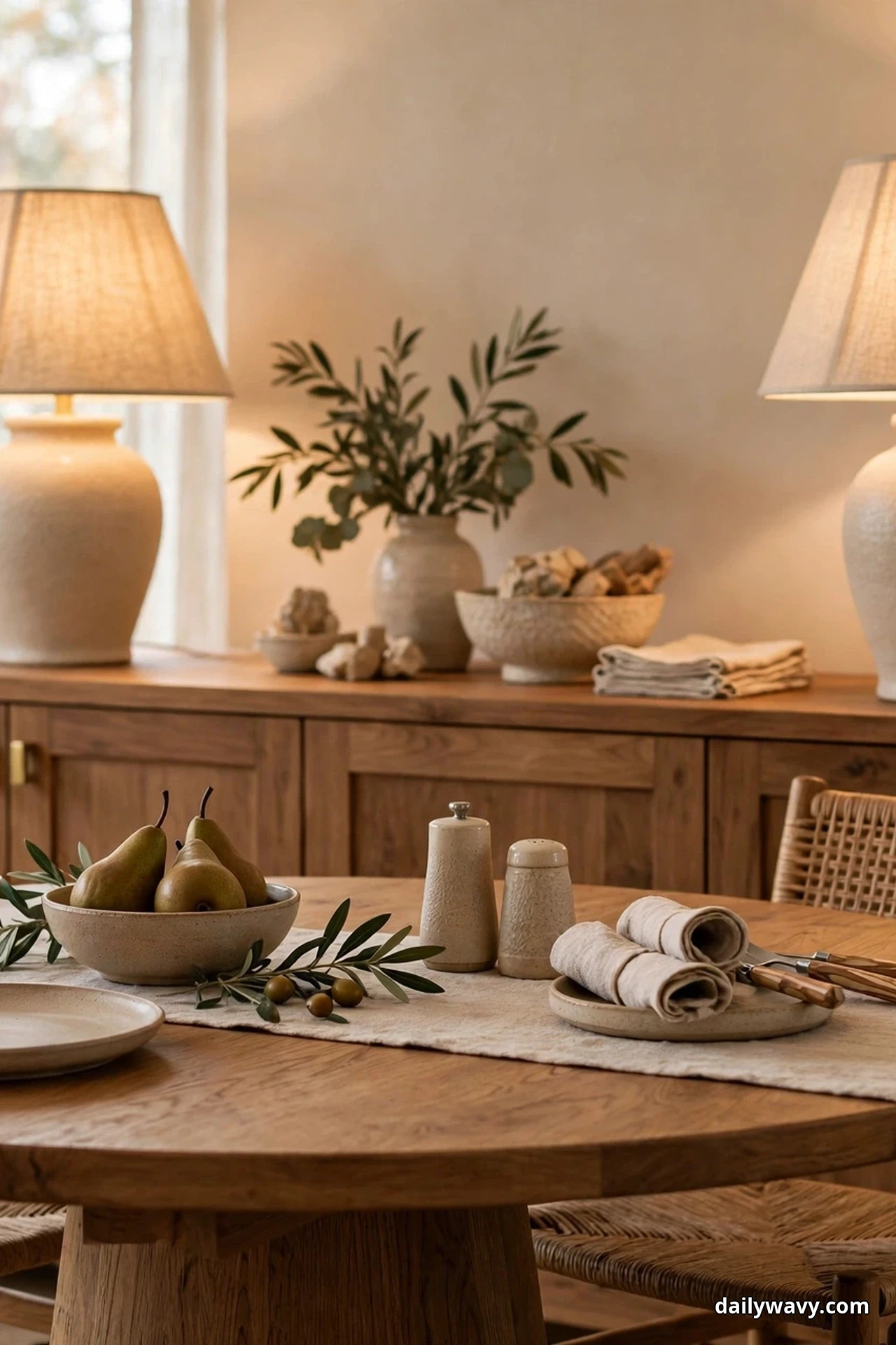 Two lit table lamps with linen shades stand at either end of a wooden sideboard behind a round dining table set with a bowl of pears and rolled linen napkins