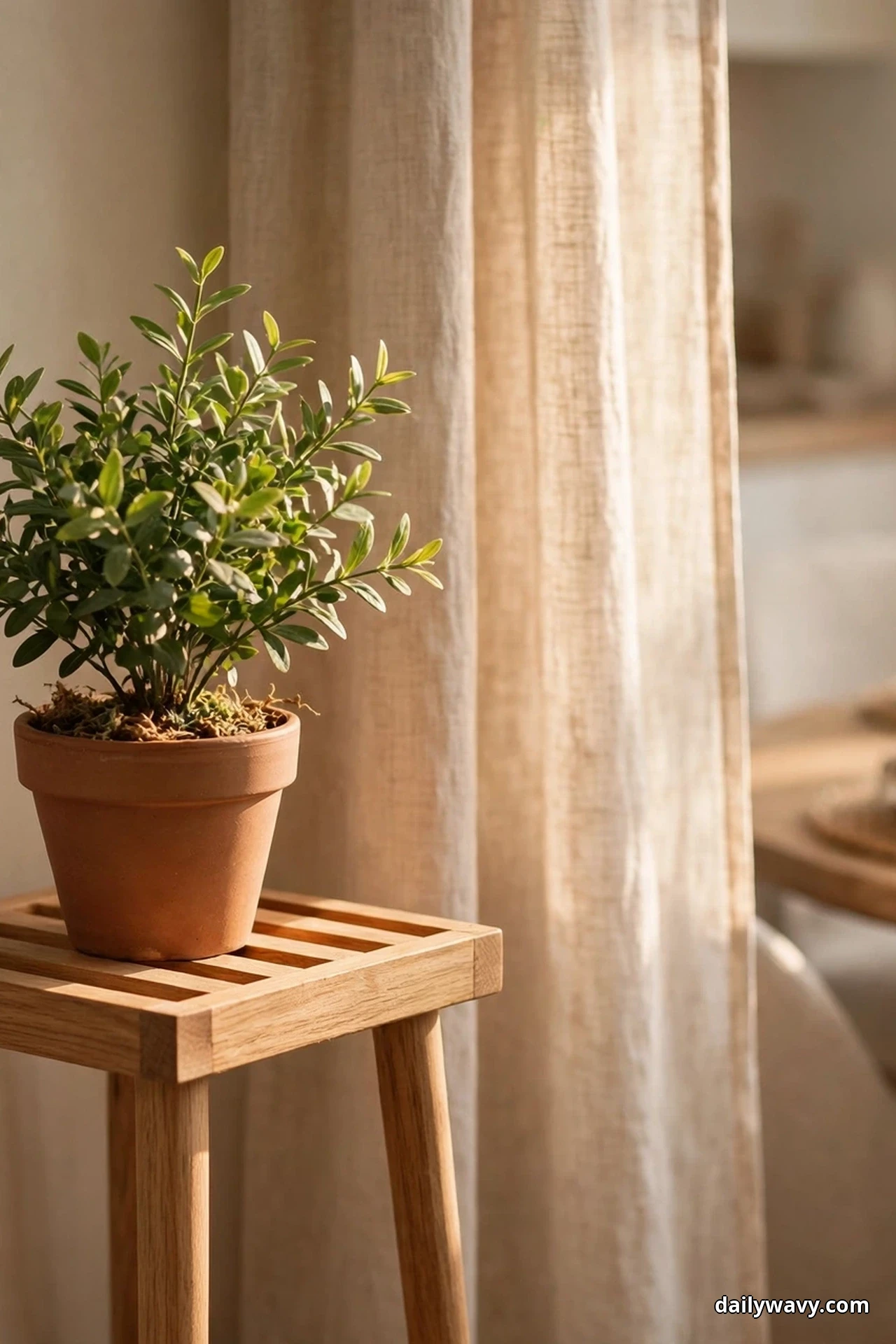 A small green plant in a terracotta pot sits on a slatted wooden stand beside a linen curtain, with the dining table softly out of focus at the right