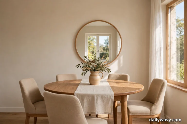 A wide view shows a round wood dining table with a linen runner and a ceramic pitcher of greenery beneath a large round mirror reflecting a window, with beige upholstered chairs around the table and a tall window at the right