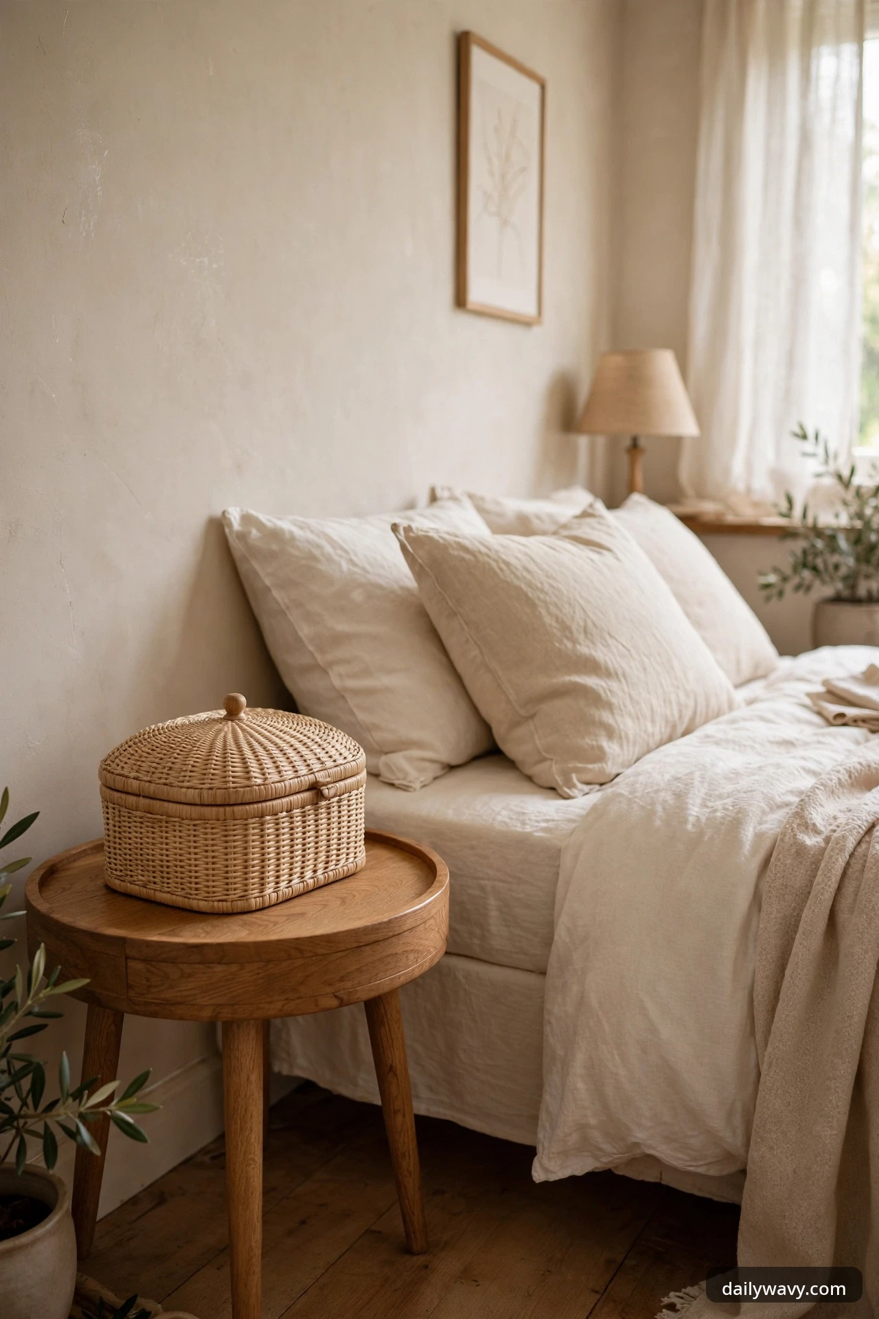 A woven rattan lidded basket sitting on a round wooden nightstand beside a bed with cream linen bedding