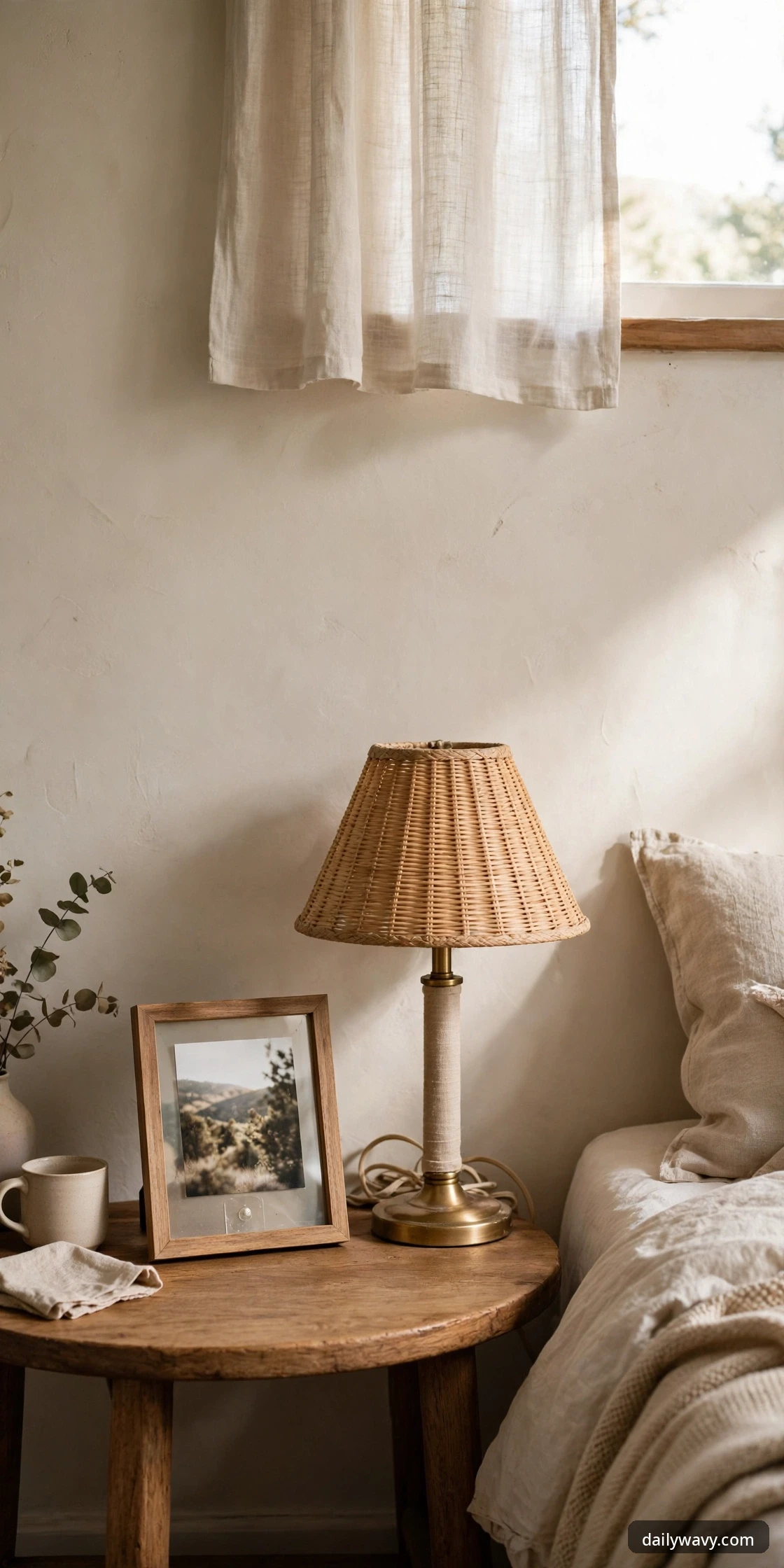 A wooden-framed landscape photograph leaning against the wall beside a wicker-shade lamp on a round wooden nightstand