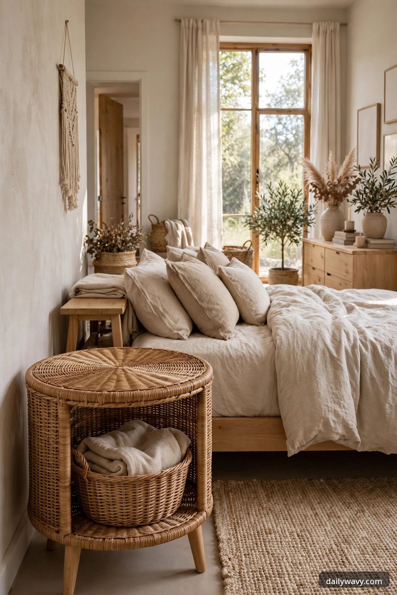 A woven basket holding a folded blanket on the open lower shelf of a round rattan nightstand beside a bed