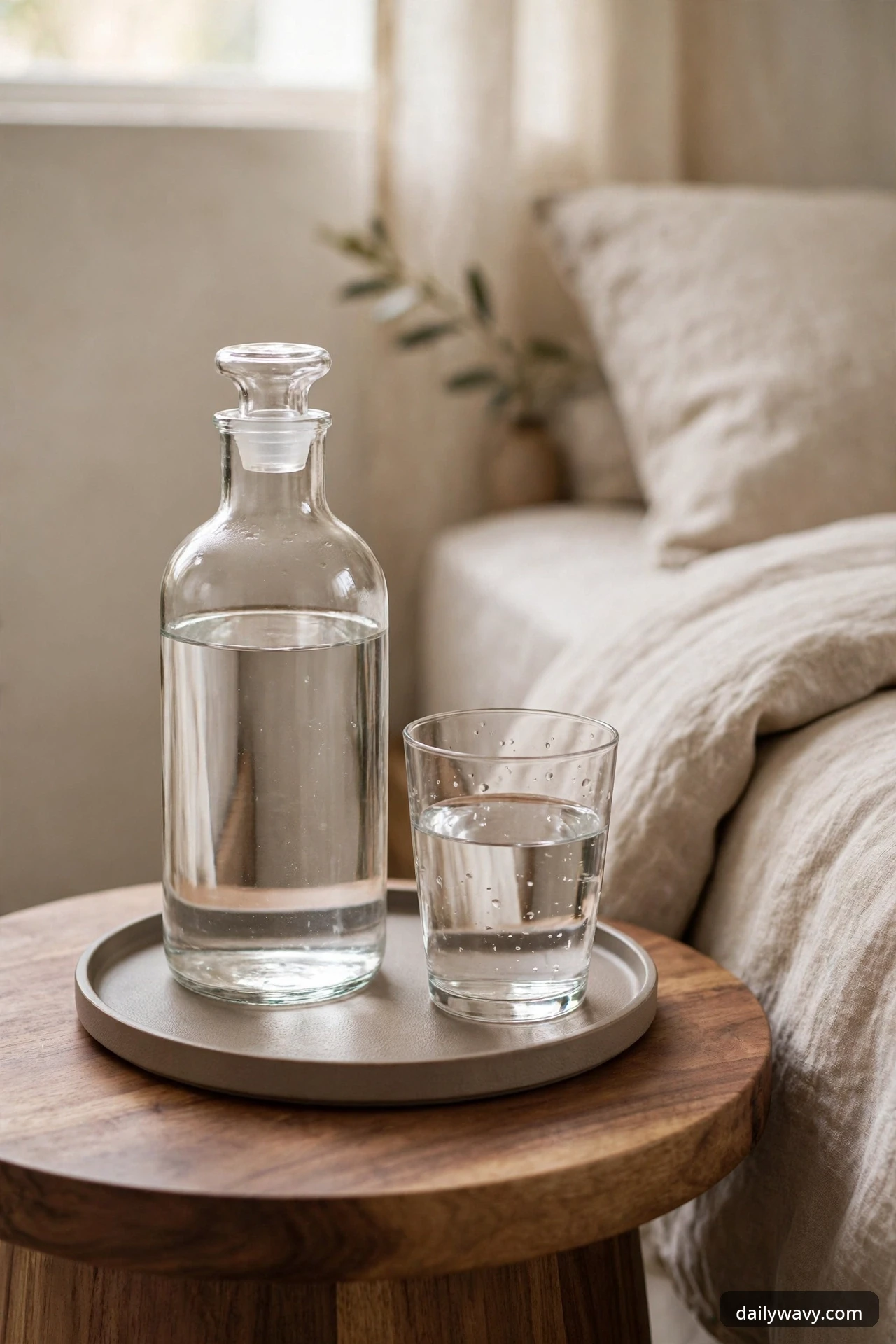 A tall clear glass carafe and a glass of water on a round gray tray on a round wooden nightstand