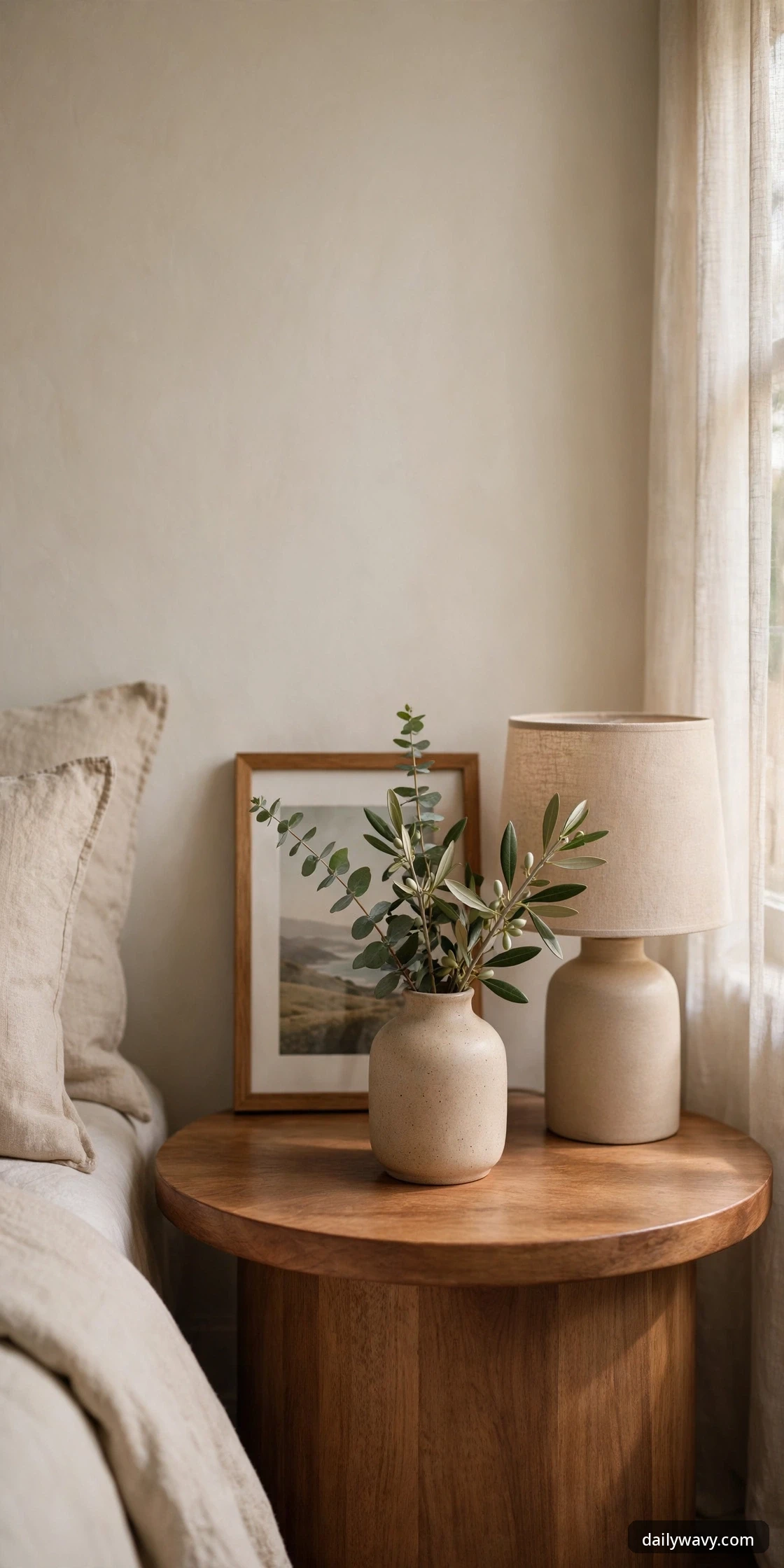 A short ceramic vase with green stems standing in front of a framed landscape photograph on a round wooden nightstand
