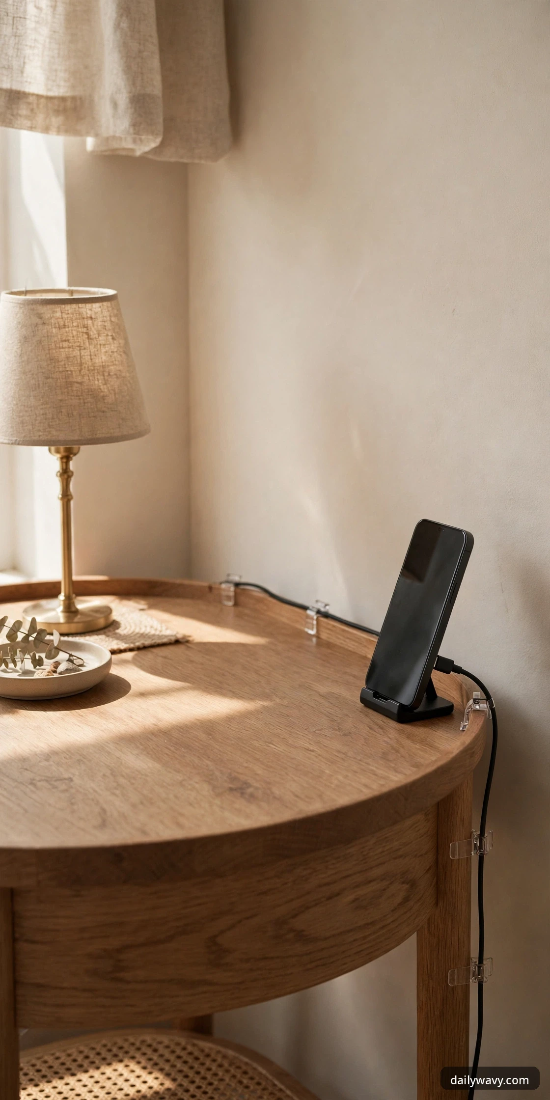 A phone on a small black stand with its charging cable held by clear adhesive clips along the edge of a round wooden nightstand
