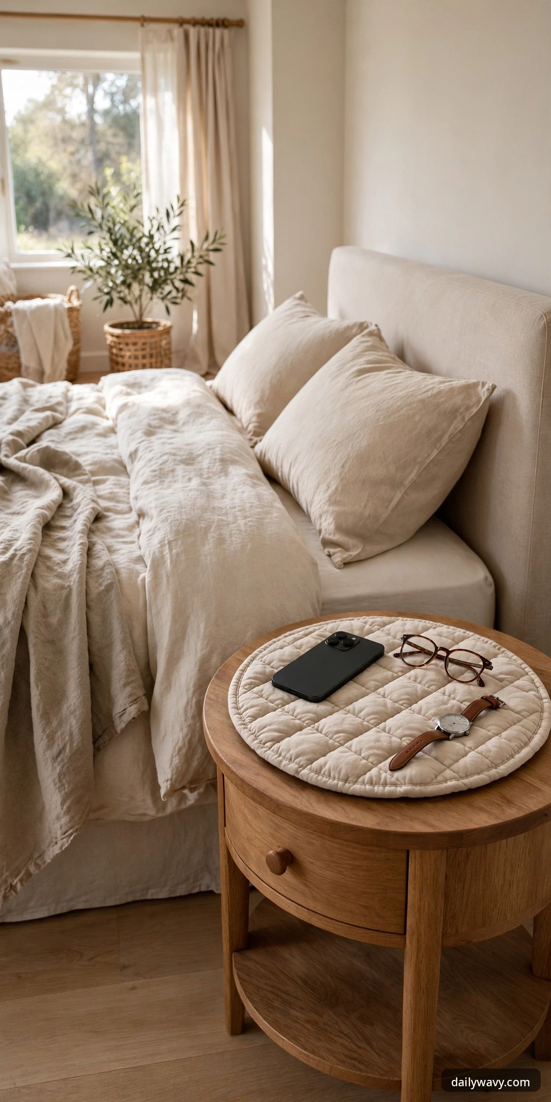 A round quilted cream fabric mat on a round wooden nightstand holding a phone, reading glasses, and a wristwatch