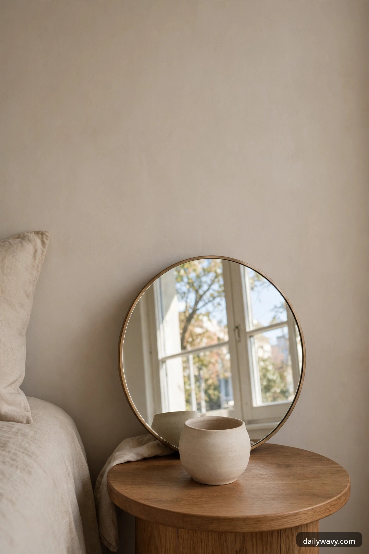 A round brass-framed mirror leaning against the wall with a cream ceramic vessel in front of it on a round wooden nightstand