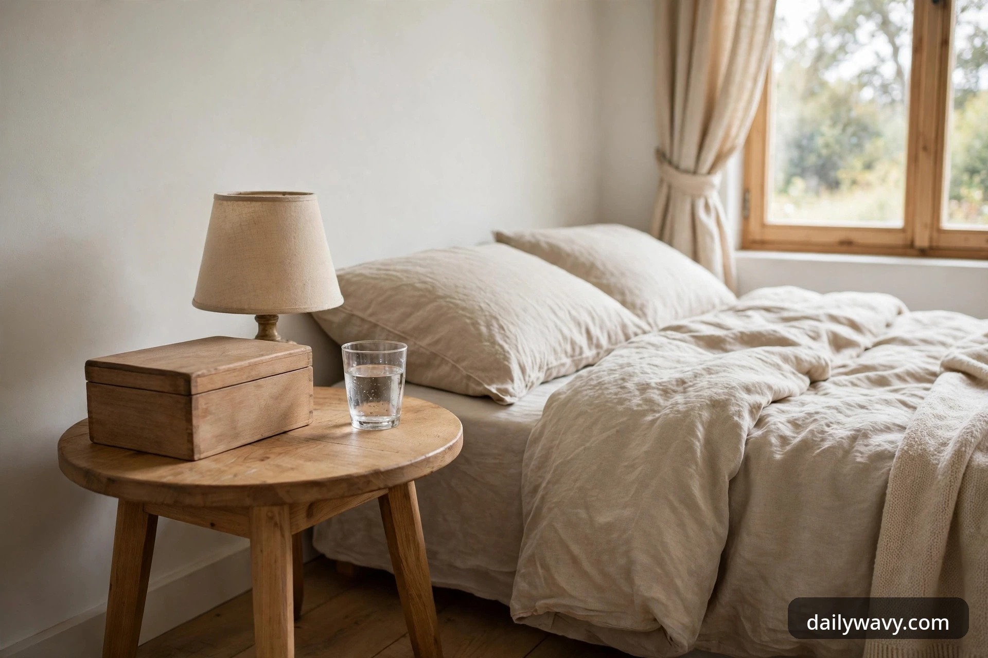 Wide view of a round wooden nightstand beside a bed, styled with a wooden lidded box, a linen-shade lamp, and a glass of water