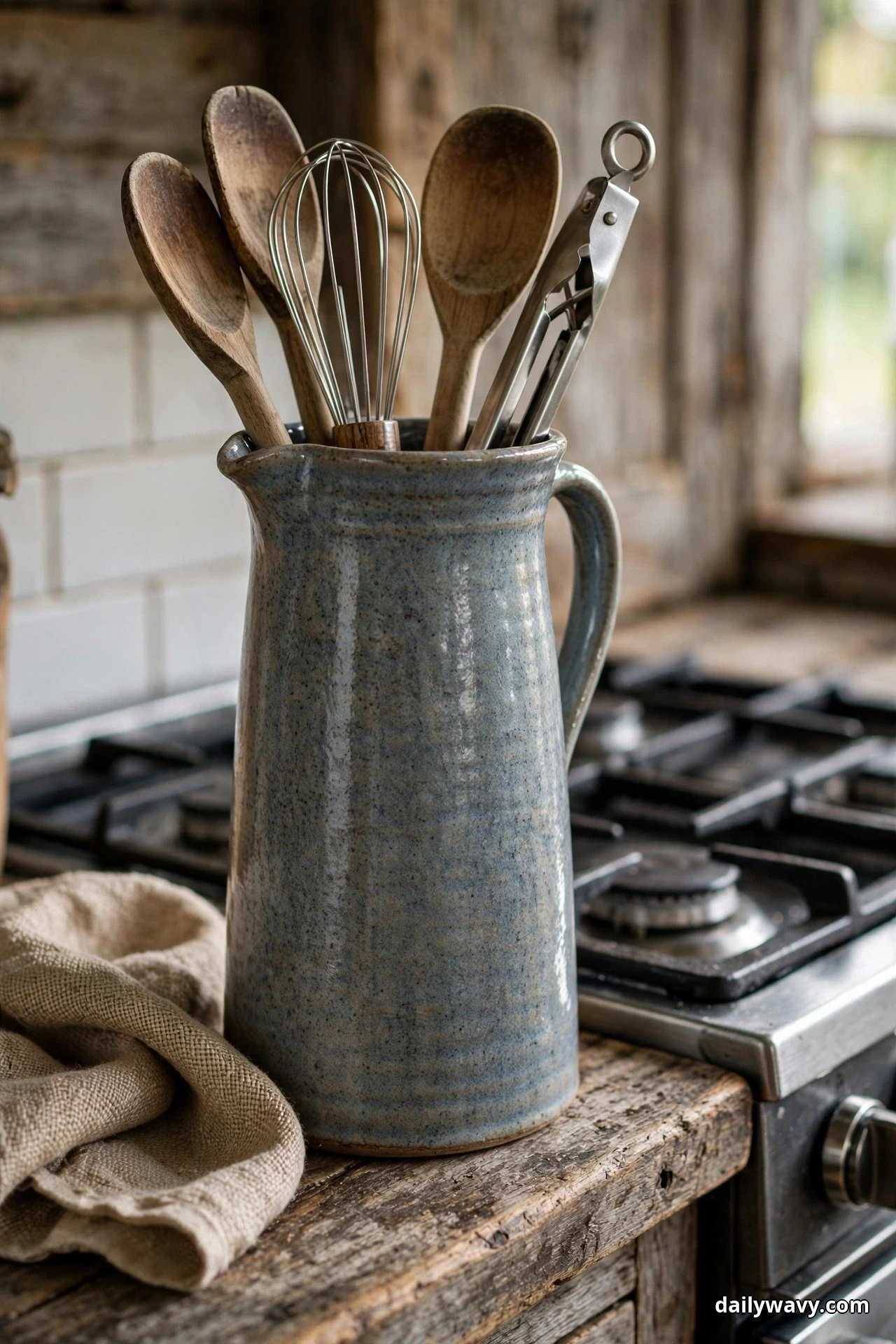 A tall blue-gray ceramic pitcher holding wooden spoons, a wire whisk and tongs stands on a worn wooden counter beside a gas stovetop