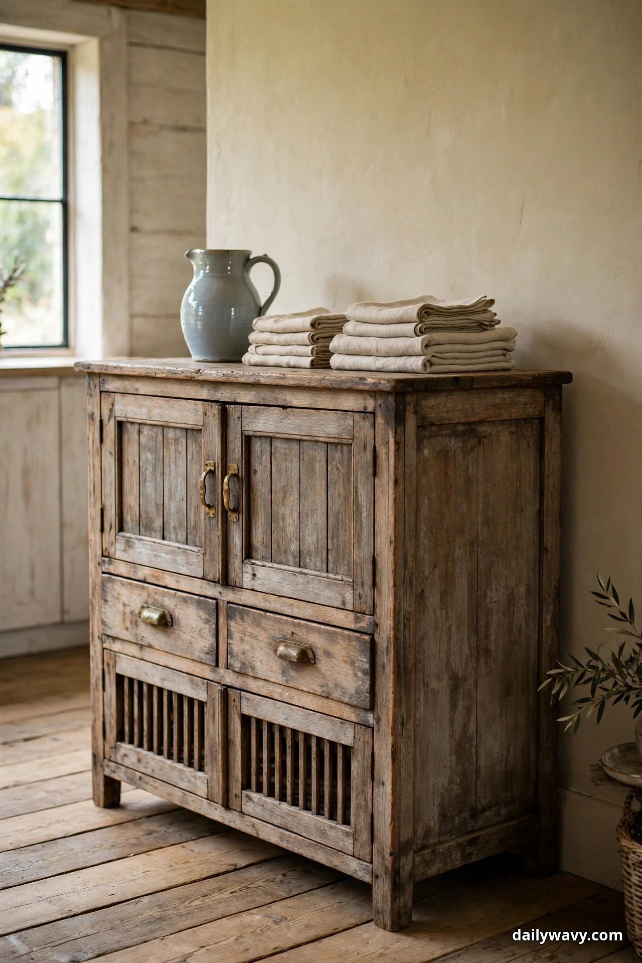 A freestanding weathered wood cabinet with two drawers and slatted cupboard doors holds a gray pitcher and a stack of folded linens on its top near a window