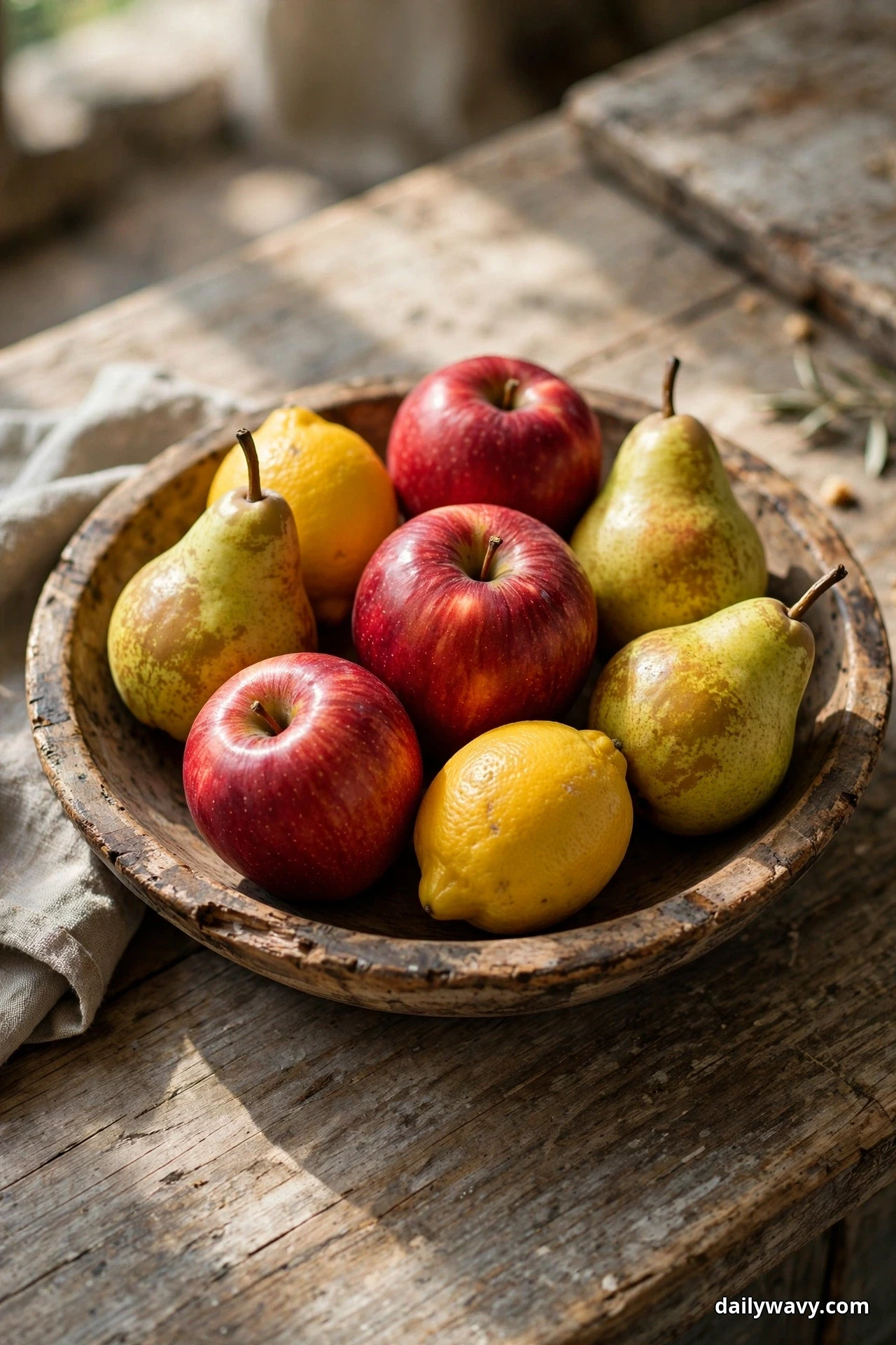 A shallow wooden bowl holds red apples, green pears and lemons in a single layer on a weathered wood counter