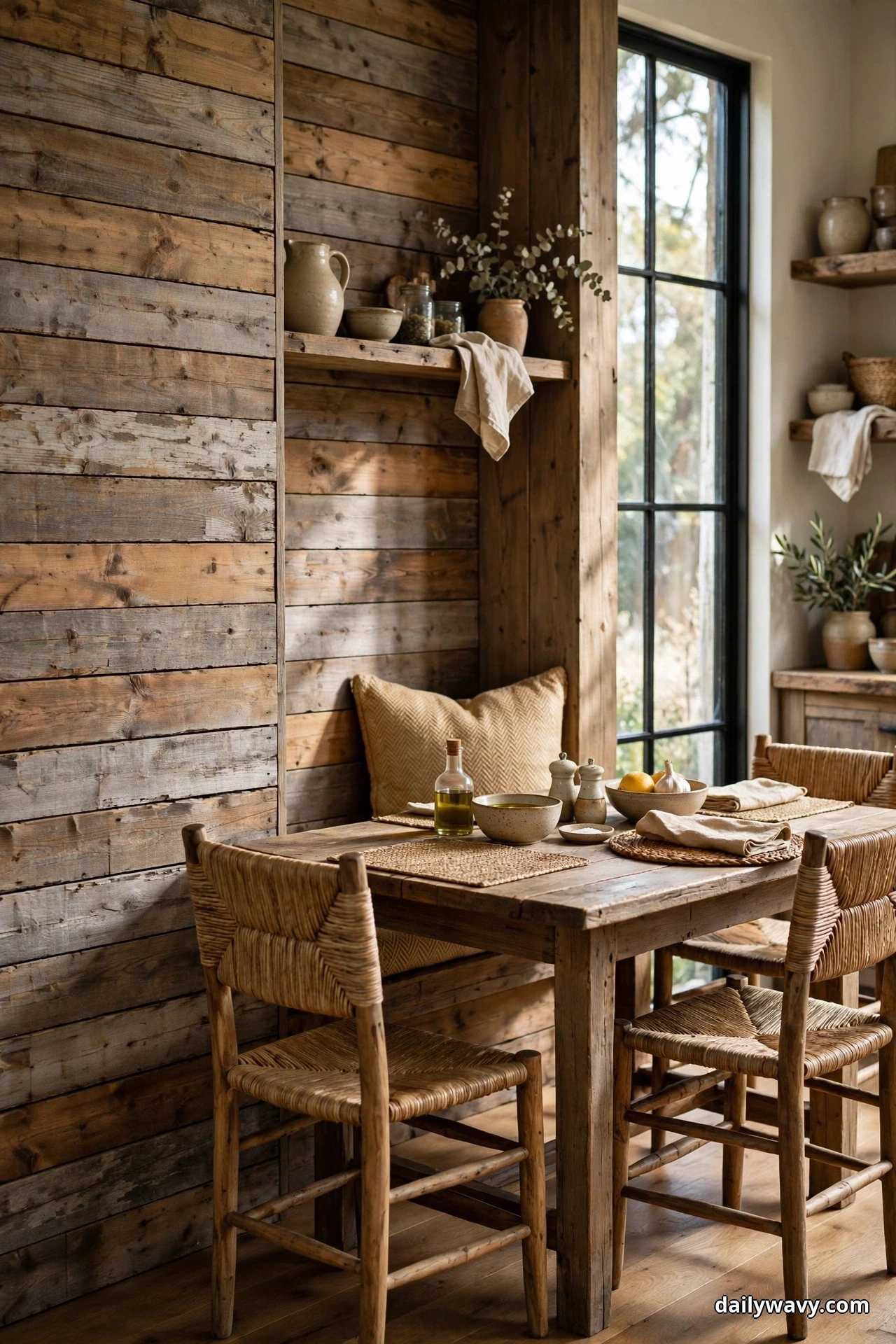 A warm weathered wood plank accent wall rises behind a wooden dining table with woven rush-seat chairs and a cushioned bench in a rustic kitchen dining nook