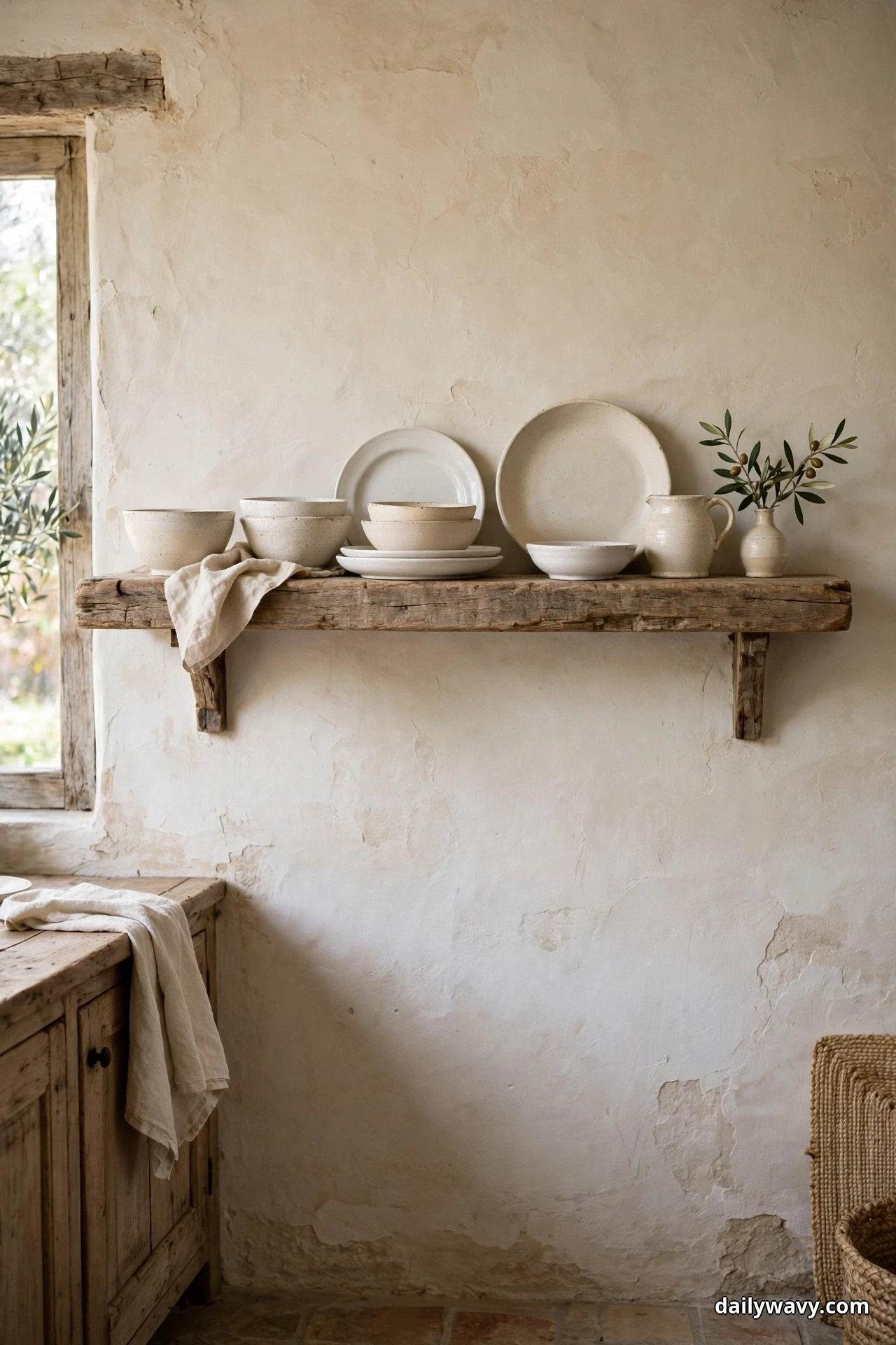 A single wooden shelf on a pale plaster wall displays cream bowls, upright plates and a small pitcher in a rustic kitchen