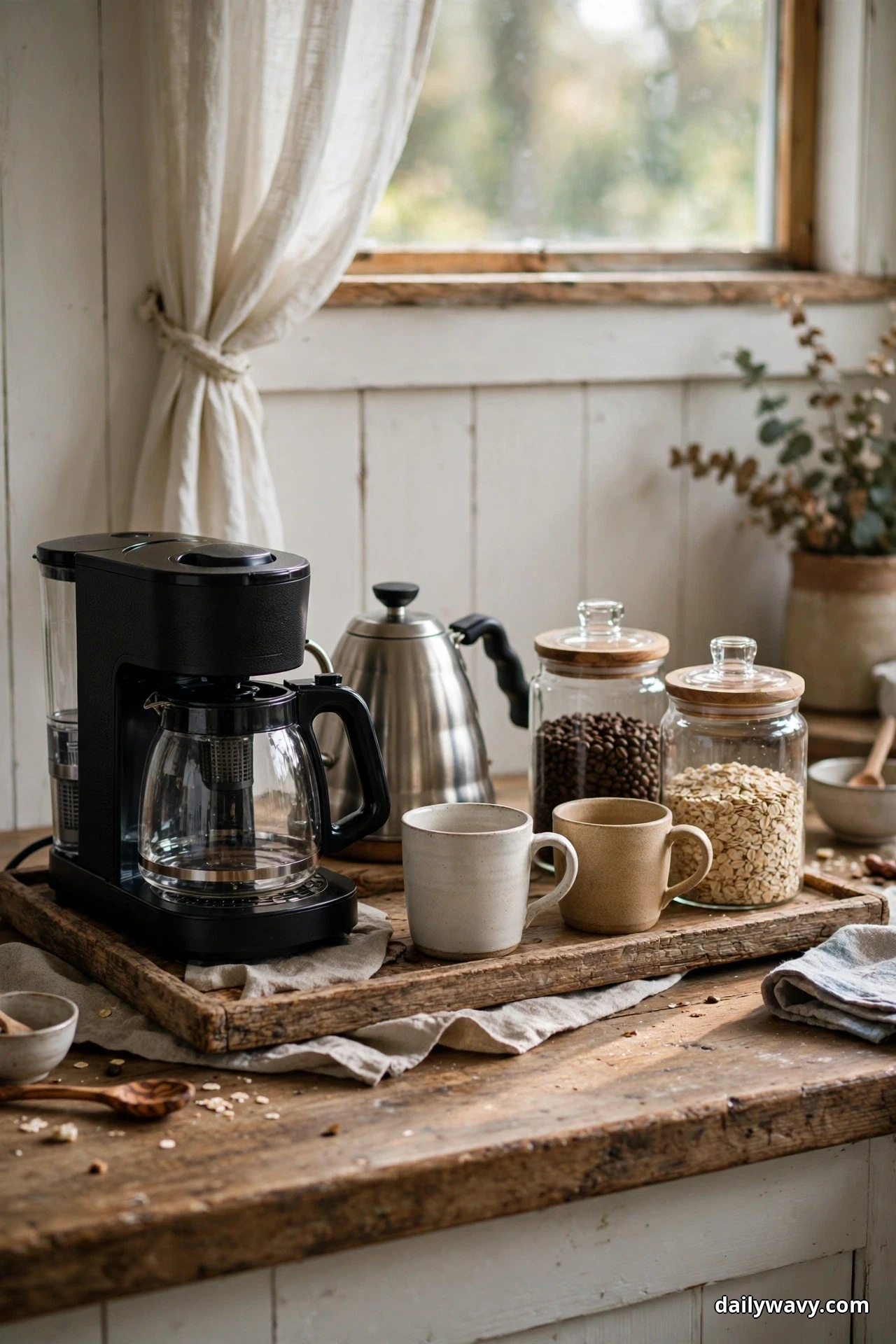 A compact breakfast station with a black drip coffeemaker, a stainless steel kettle, glass jars of coffee and oats and two mugs on a wooden tray fills a rustic kitchen counter under a window