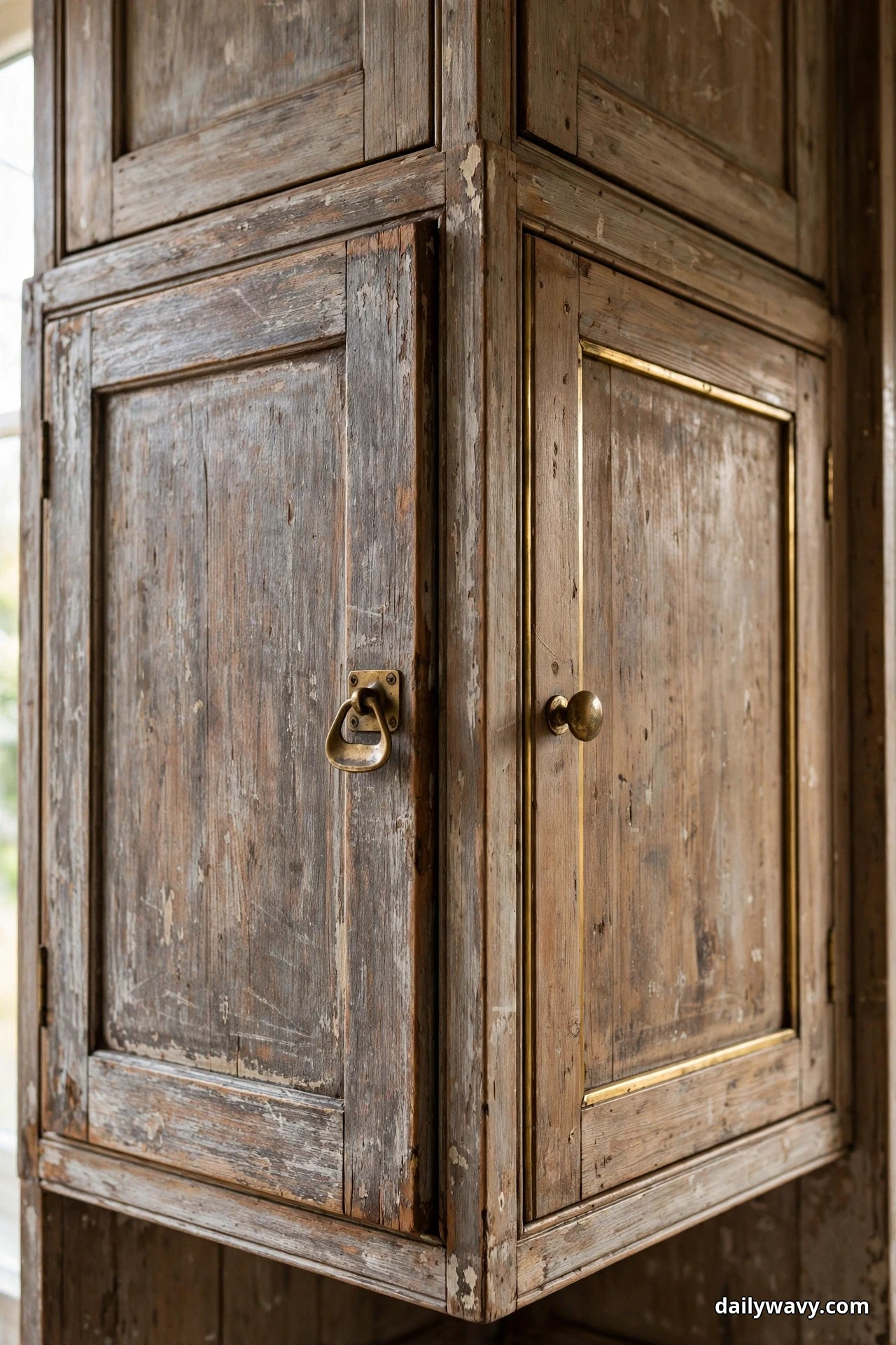 A brass ring pull and small brass knobs repeat as small metal accents on tall weathered wood kitchen cabinets
