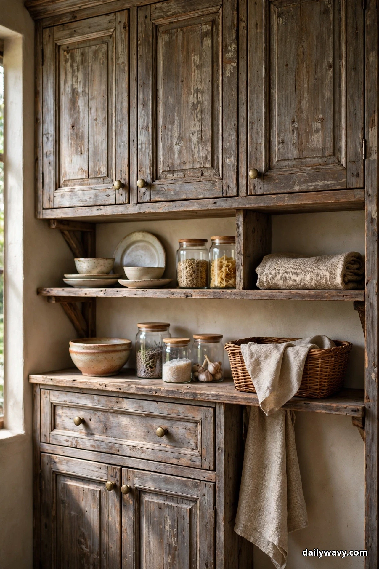 Closed weathered wood cabinets frame two open shelves holding glass jars, bowls and a woven basket in a rustic kitchen wall unit