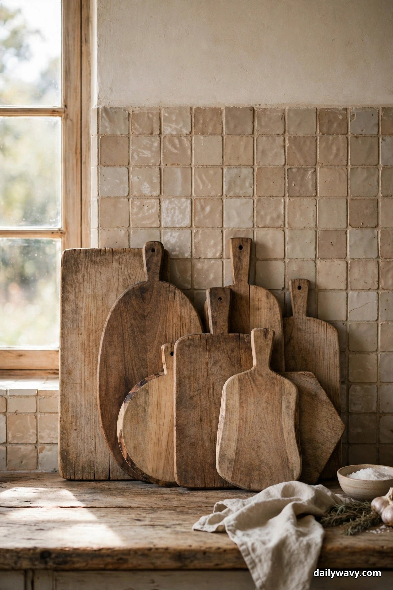 A grouping of wooden cutting boards in varied shapes and sizes leans against a cream tile backsplash on a rustic kitchen counter beside a window