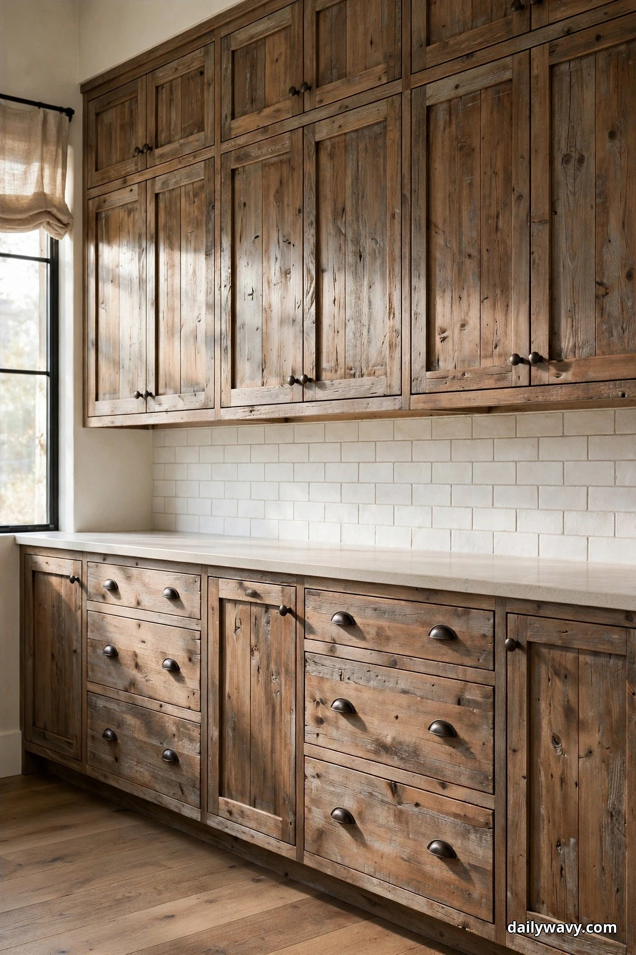 Dark metal cup pulls and knobs repeat in one simple style across a long run of weathered wood cabinets and drawers beneath a white tile backsplash