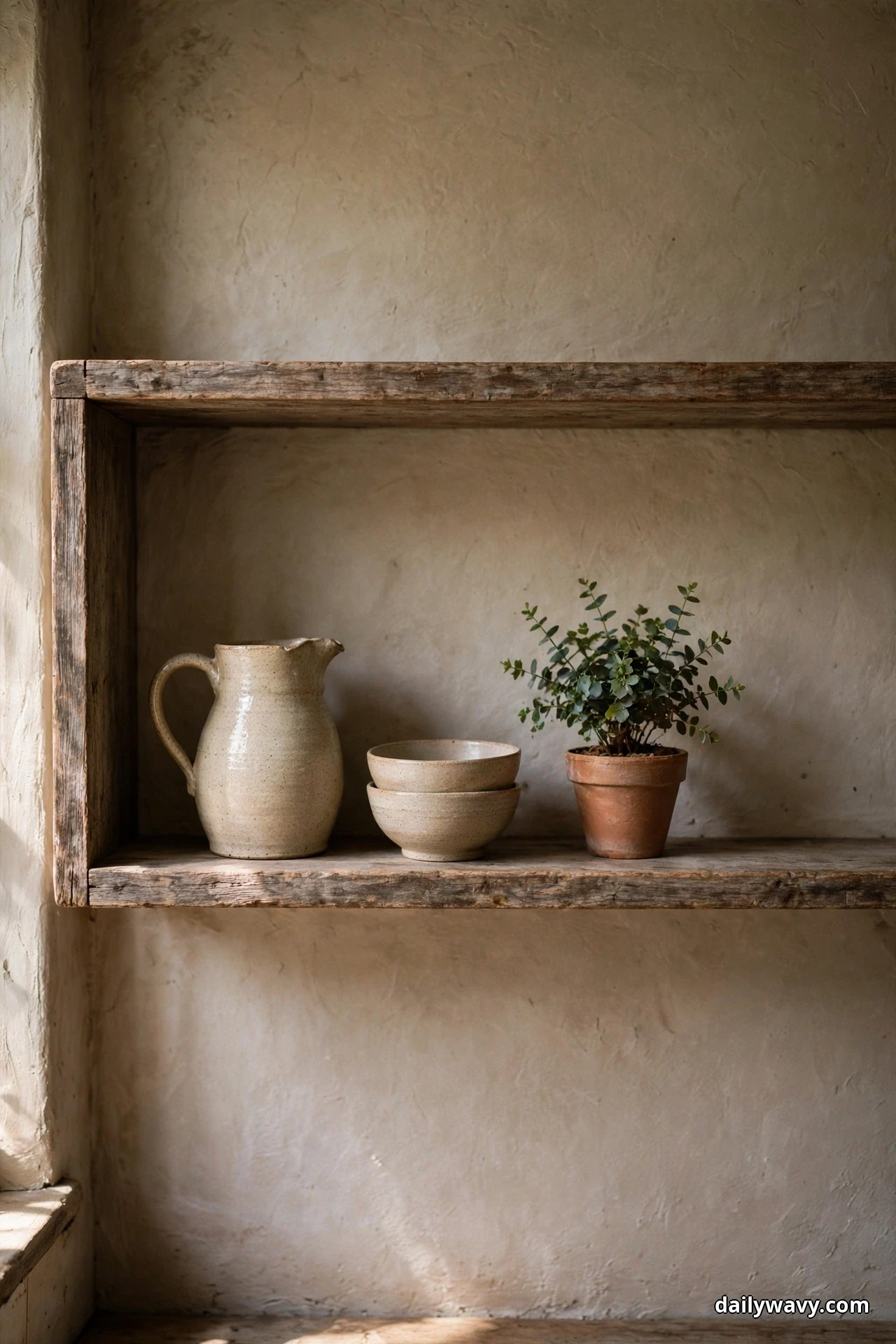 A thick wooden shelf set into a plaster wall niche holds only a cream pitcher, two stacked bowls and a small potted plant