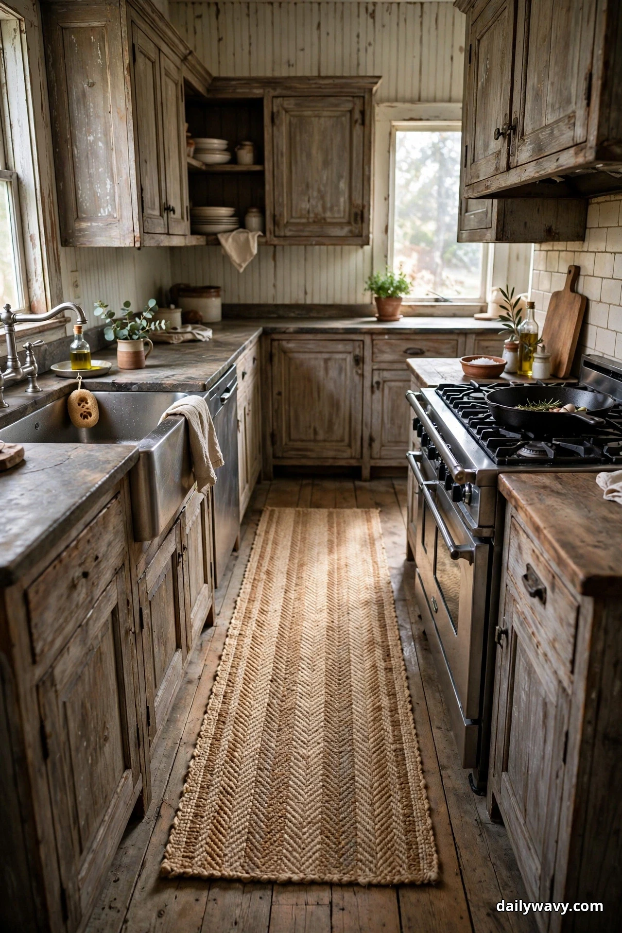 A long woven runner runs along the work zone floor between weathered wood counters, a farmhouse sink and a black range in a narrow rustic kitchen