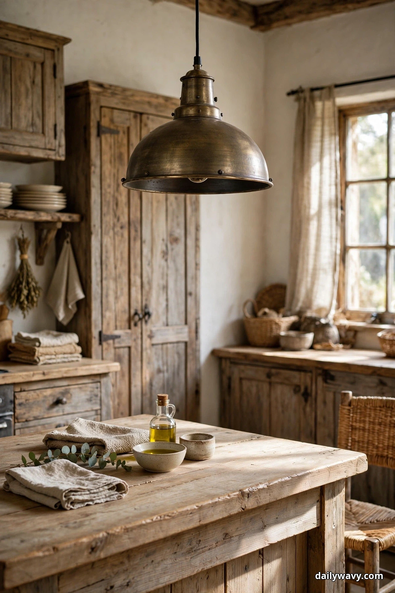 A large aged metal dome pendant hangs over a wooden island topped with folded linens and small bowls in a rustic kitchen