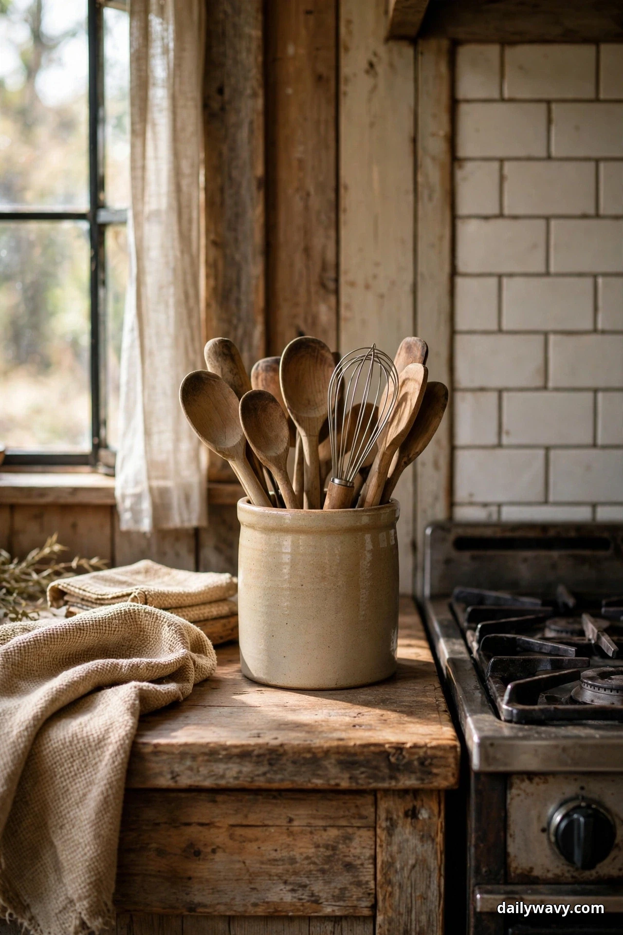 A cream ceramic crock filled with wooden spoons and a wire whisk stands on a worn wooden counter beside a gas range with a white tile backsplash