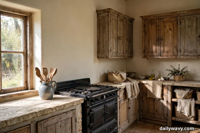 A wide rustic kitchen with weathered wood wall cabinets and pale stone counters has a blue-gray ceramic pitcher of wooden cooking tools on the counter beside a black range cooker, lit by a tall window at the left