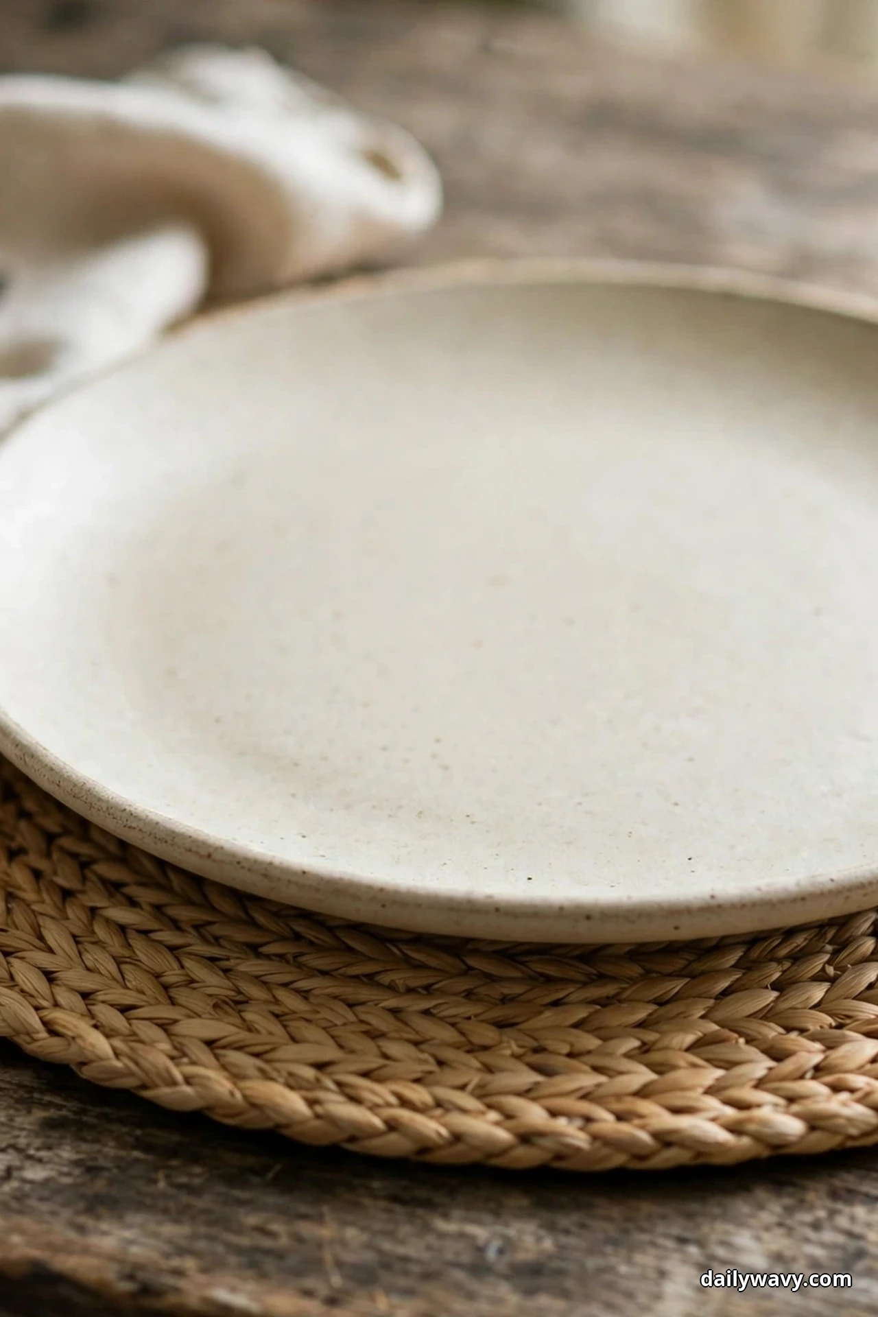 A close view shows a cream stoneware dinner plate resting on a round woven seagrass charger on a wood table