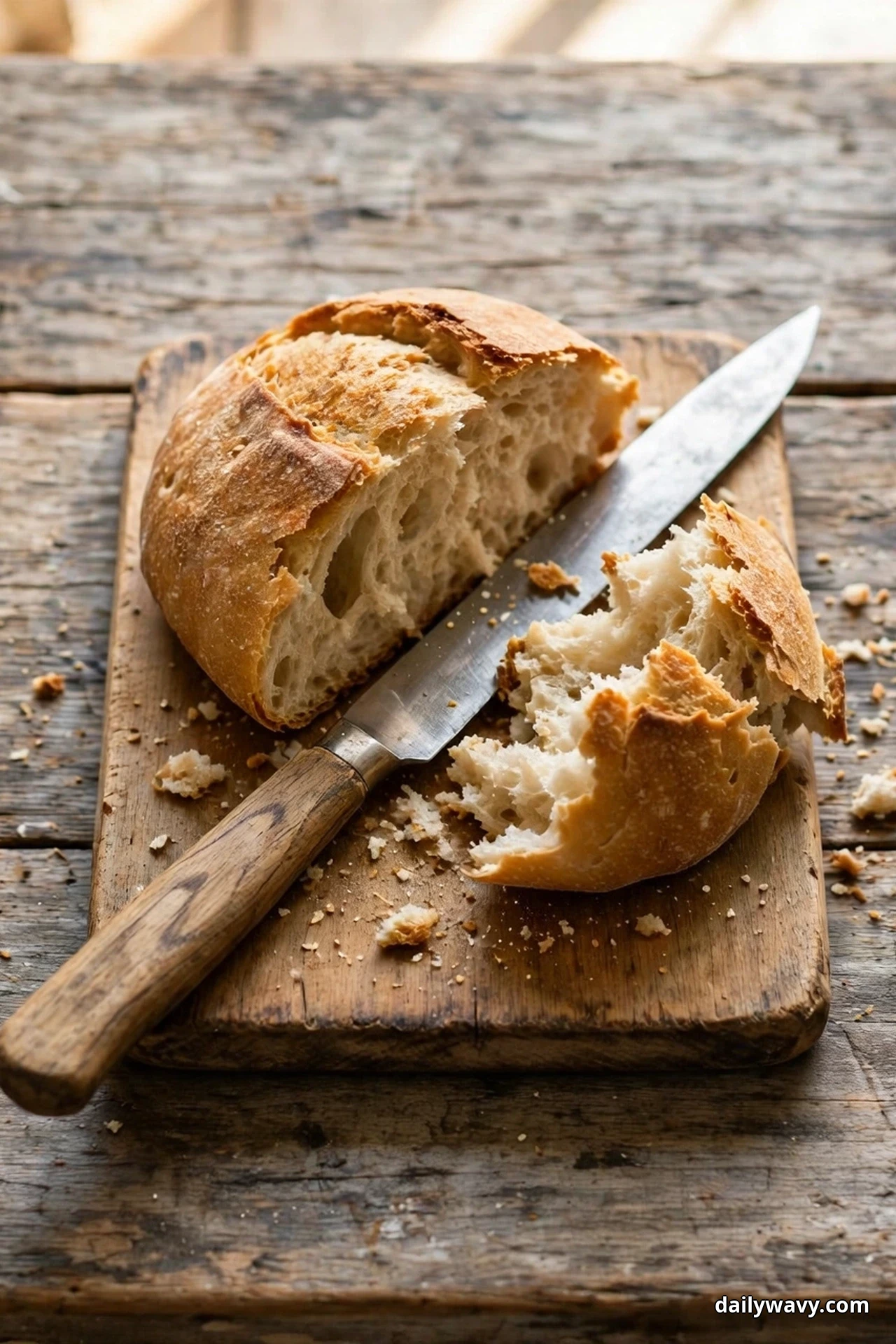 A torn rustic loaf and a wooden-handled bread knife rest on a small wooden board on a weathered wood table, with crumbs scattered around them