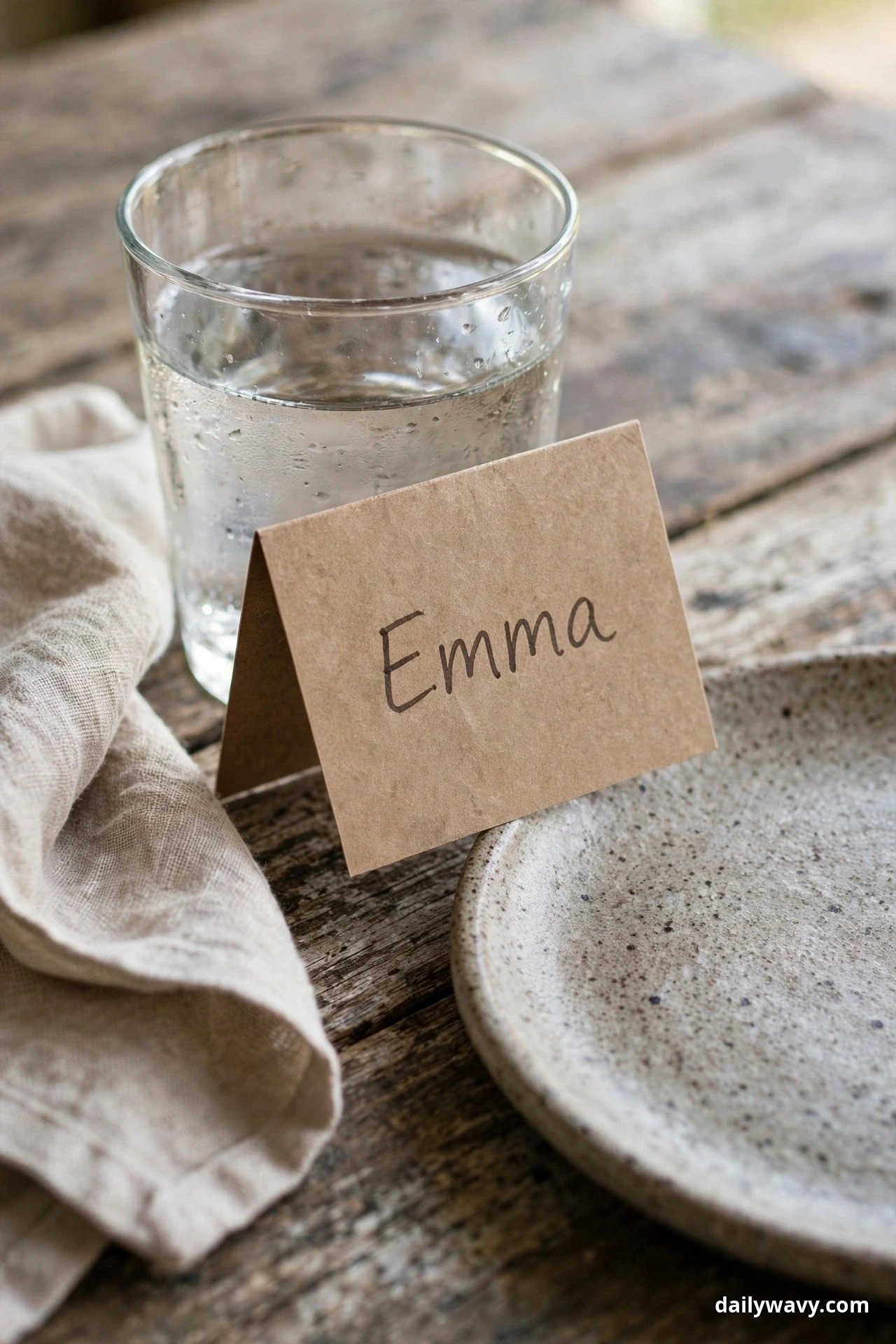 A folded kraft place card with the handwritten name Emma leans against a glass of water beside a speckled stoneware plate and a linen napkin
