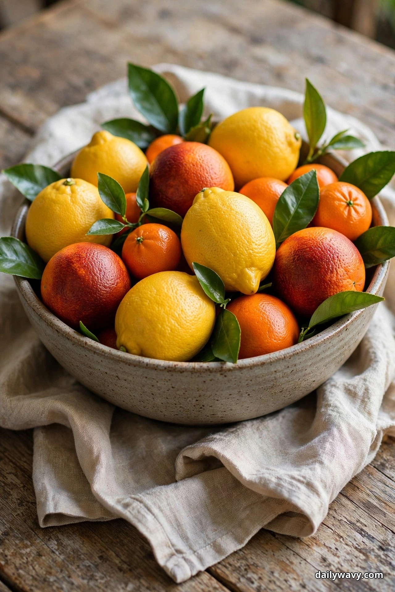 A speckled stoneware bowl holds lemons, blood oranges, and clementines tucked with glossy green leaves on a folded linen cloth