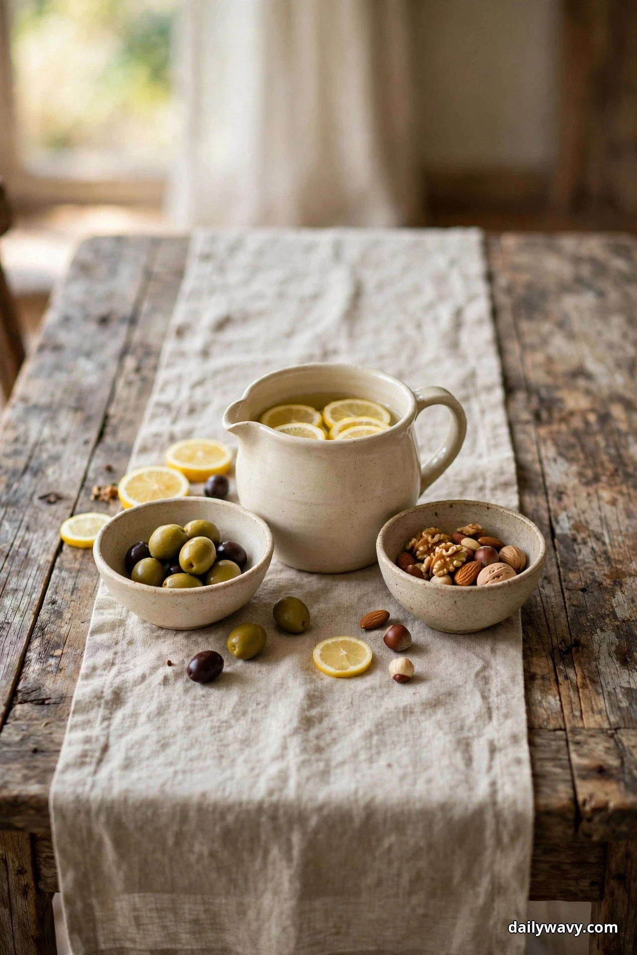 A cream stoneware pitcher filled with water and lemon slices stands on a linen runner between small bowls of olives and mixed nuts