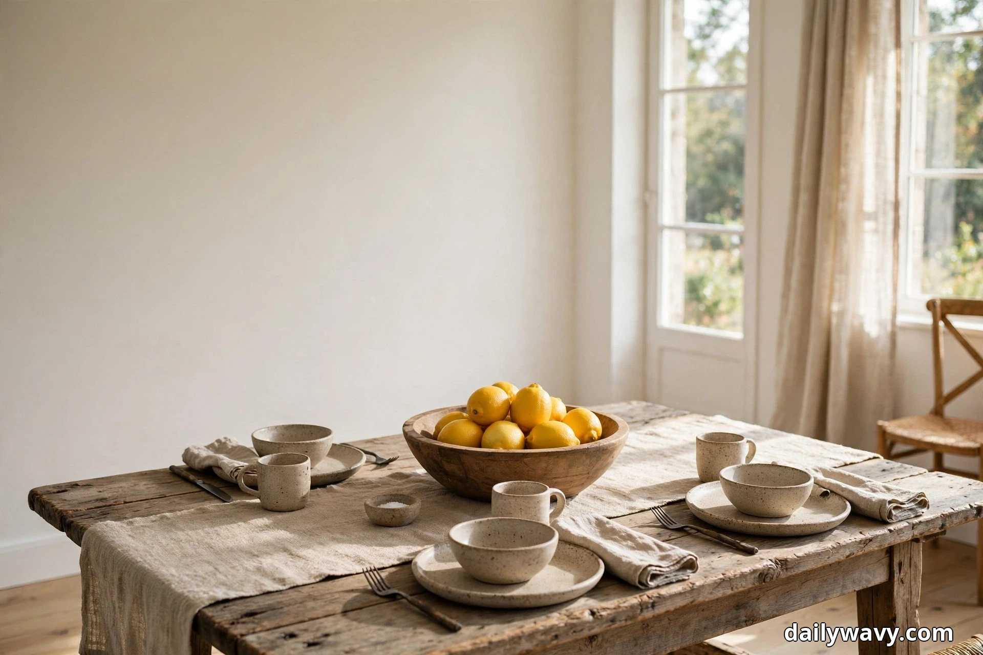 A wide view shows a weathered wood dining table set with speckled stoneware and a linen runner, with a large wooden bowl of lemons at the center and tall windows with sheer curtains at the right