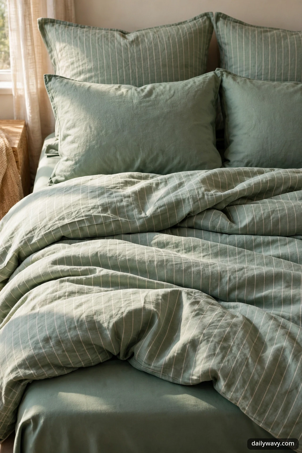 Close-up of a sage green striped duvet cover paired with two striped and two solid sage pillows