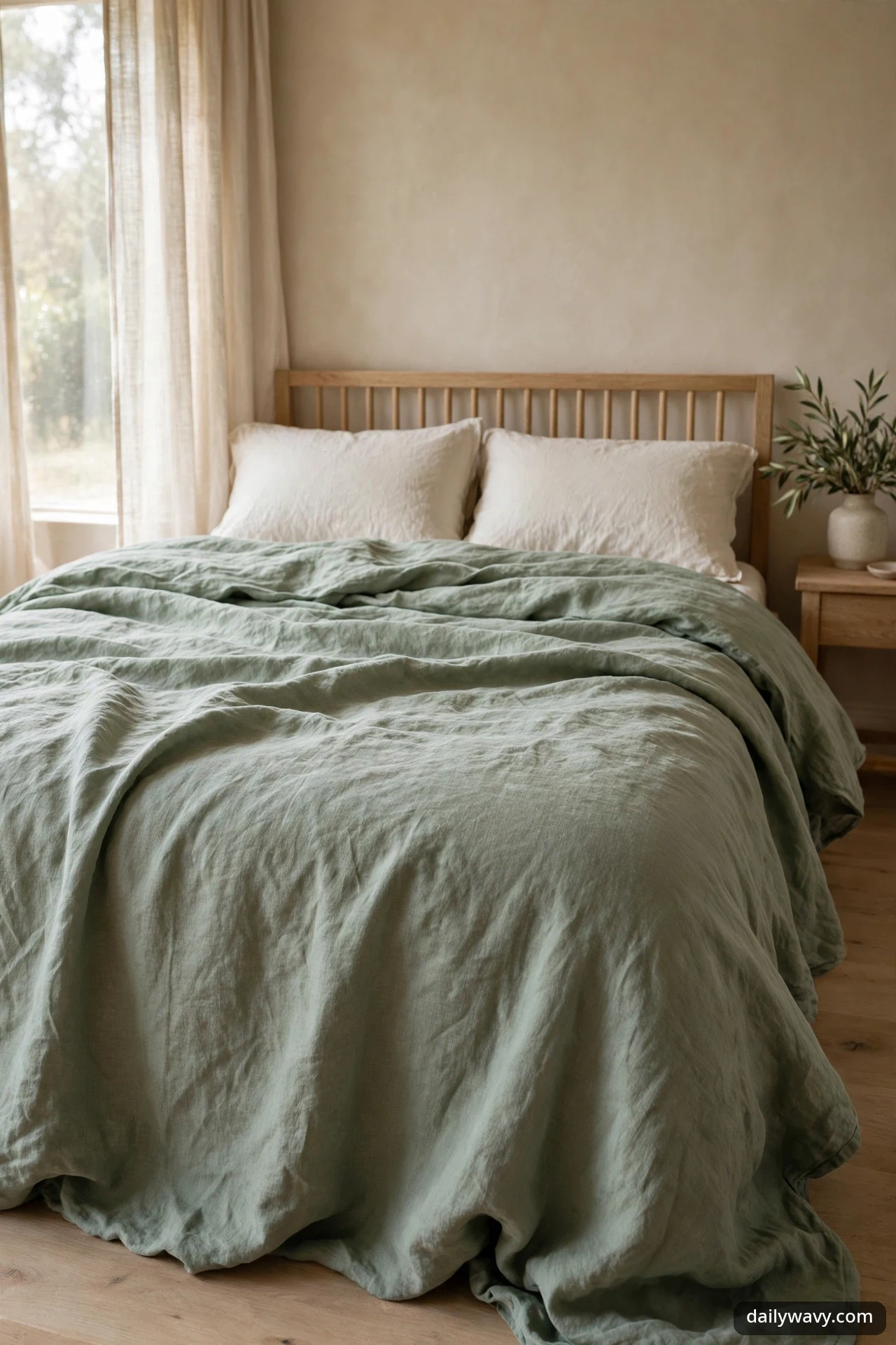 Softly rumpled sage green linen duvet cover on a bed with ivory pillows, against a light wood spindle headboard