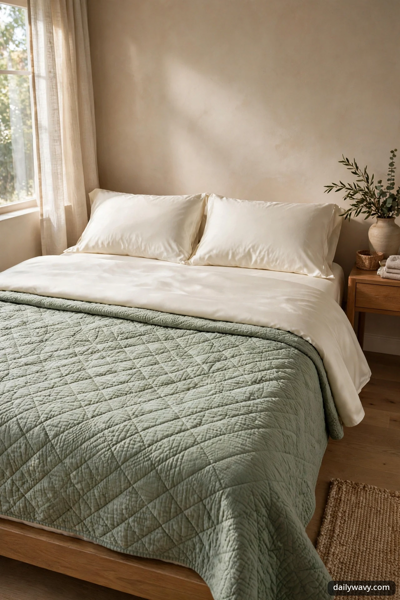 Textured sage green quilted coverlet layered over smooth ivory sheets on a bed with ivory pillows