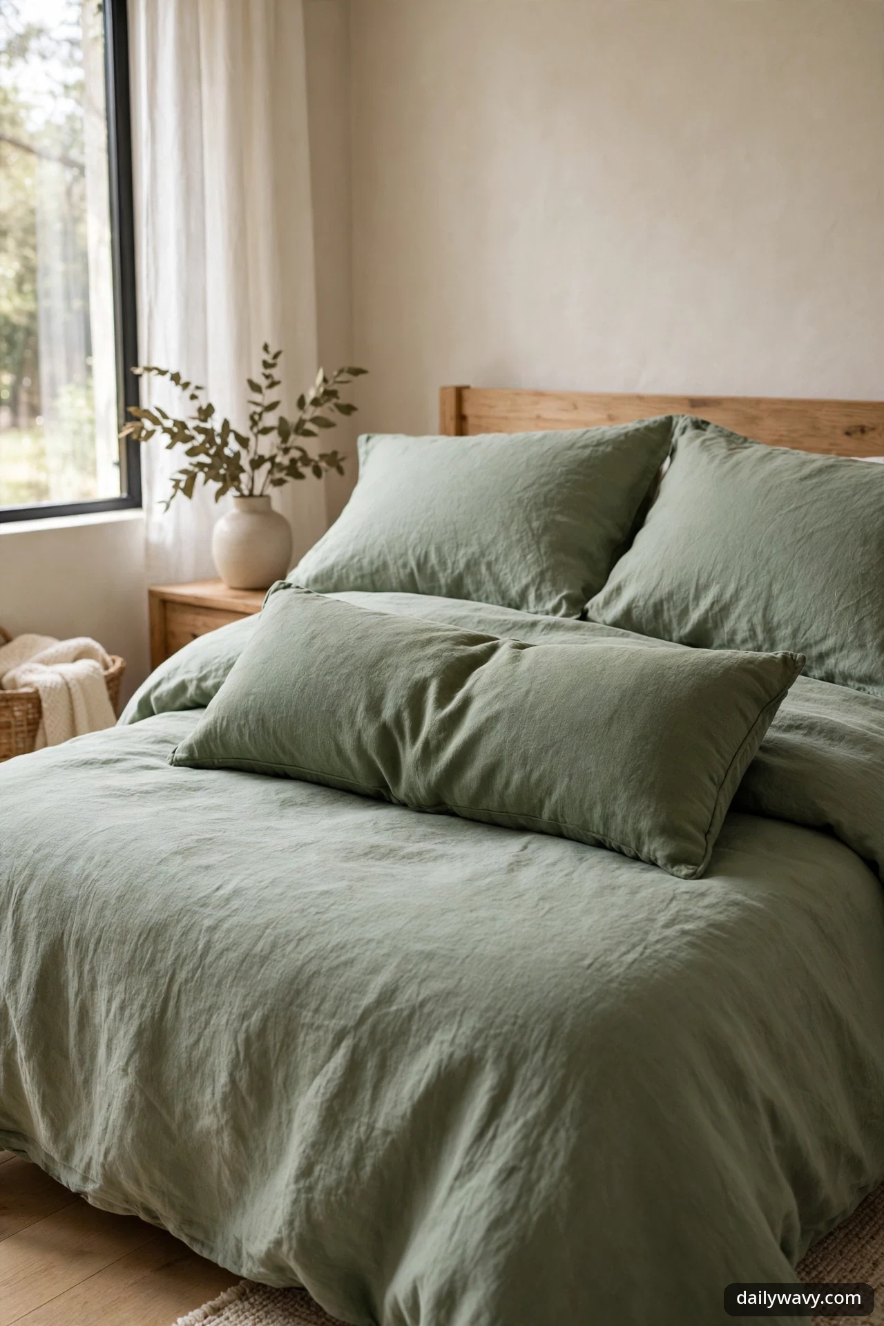 Long sage green lumbar cushion lying across a bed in front of two sage sleeping pillows, beside a wooden headboard