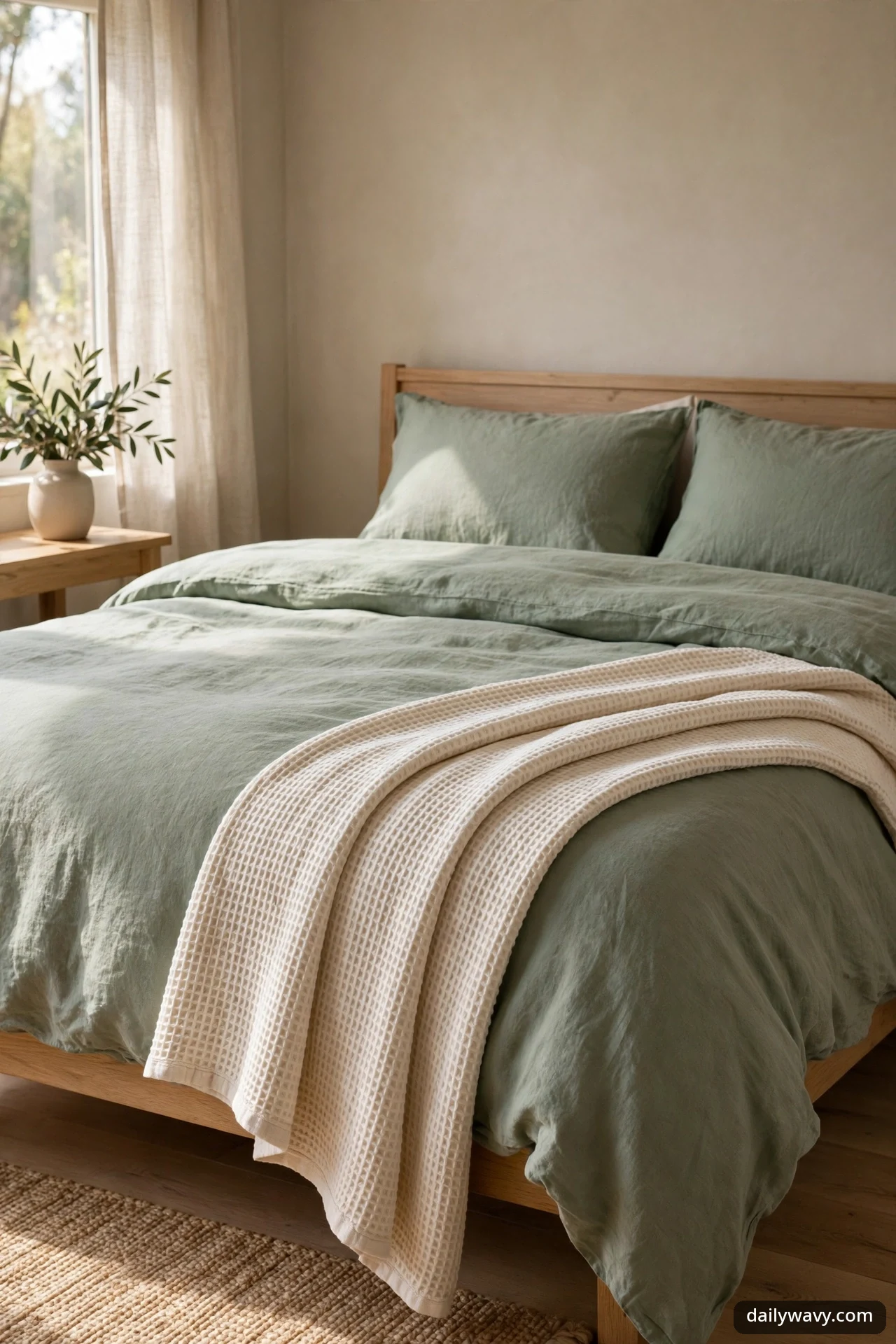 Cream waffle-weave throw draped diagonally across the foot of a sage green bed with sage pillows