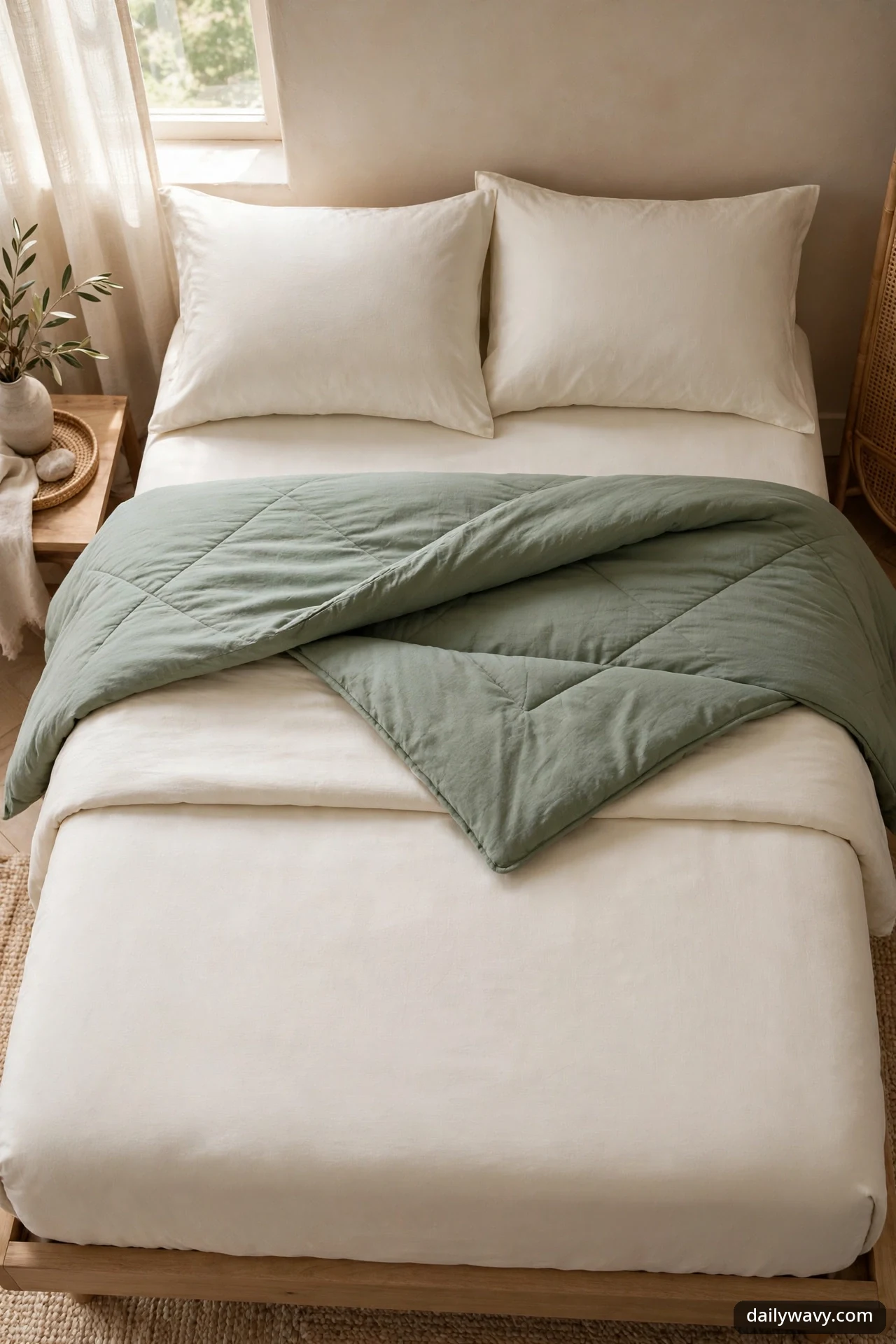 Sage green quilt folded back diagonally over ivory bedding on a bed with two ivory pillows