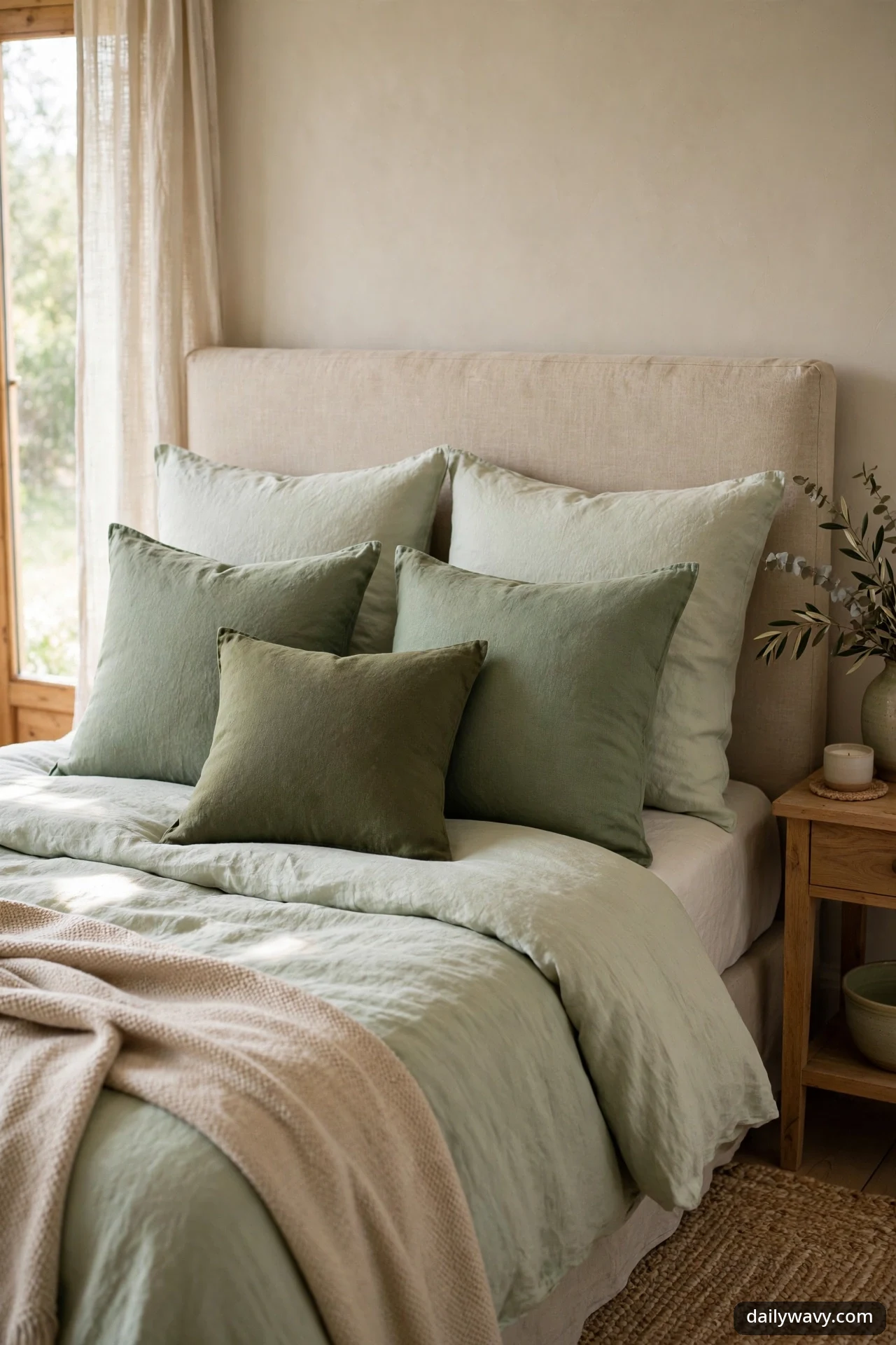 Five pillows in three shades of sage green layered against a beige upholstered headboard, with a beige throw across the foot of the bed