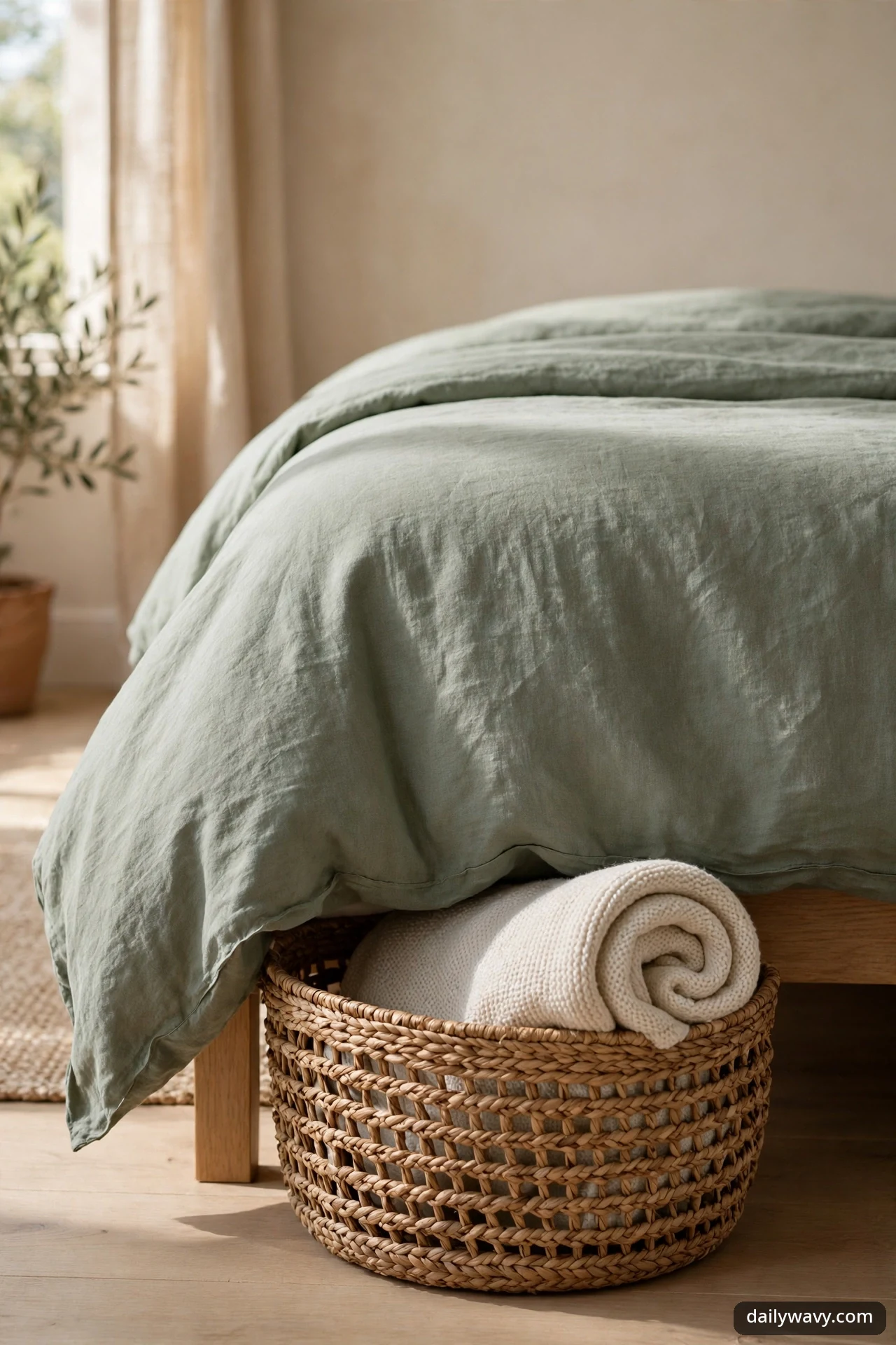 Woven seagrass basket holding a rolled cream throw, tucked under the foot of a bed dressed in sage green linen