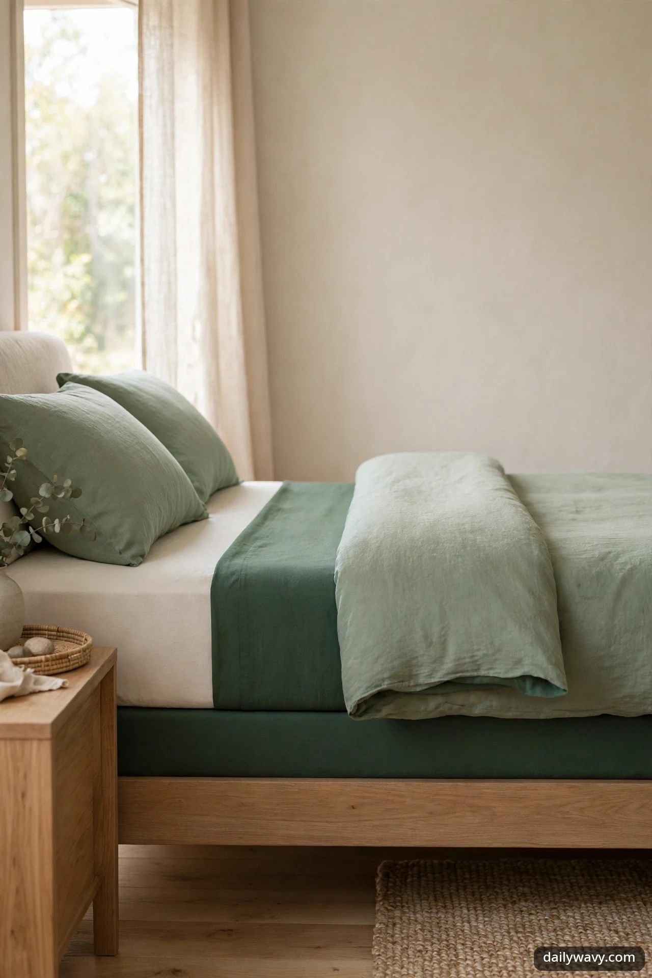 Side view of a bed with a dark green fitted sheet, a sage duvet folded back, and two sage pillows