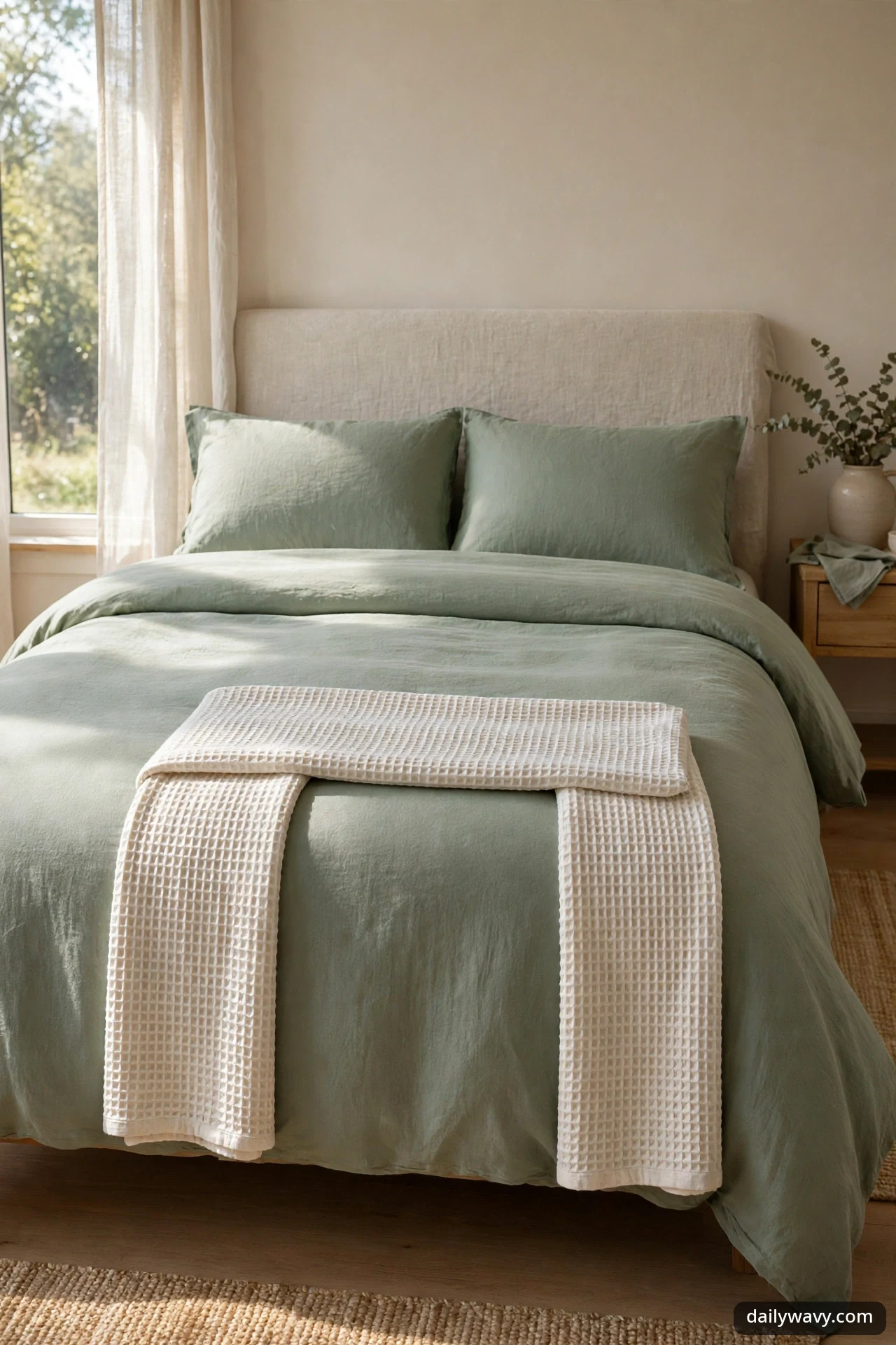 Ivory waffle-weave blanket folded across the foot of a sage green bed, hanging down both sides