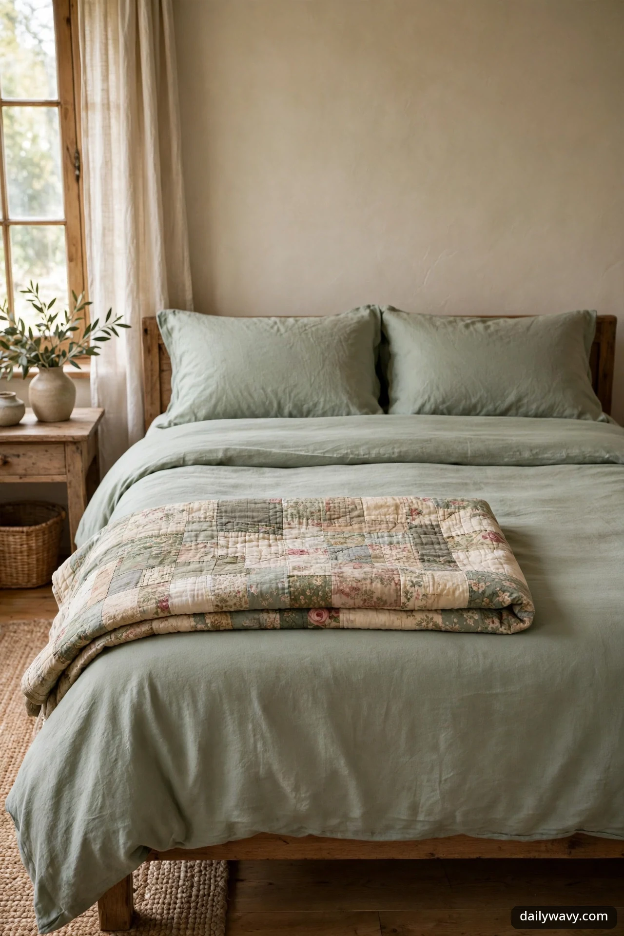 Vintage floral patchwork quilt folded across the foot of a bed dressed in sage green bedding