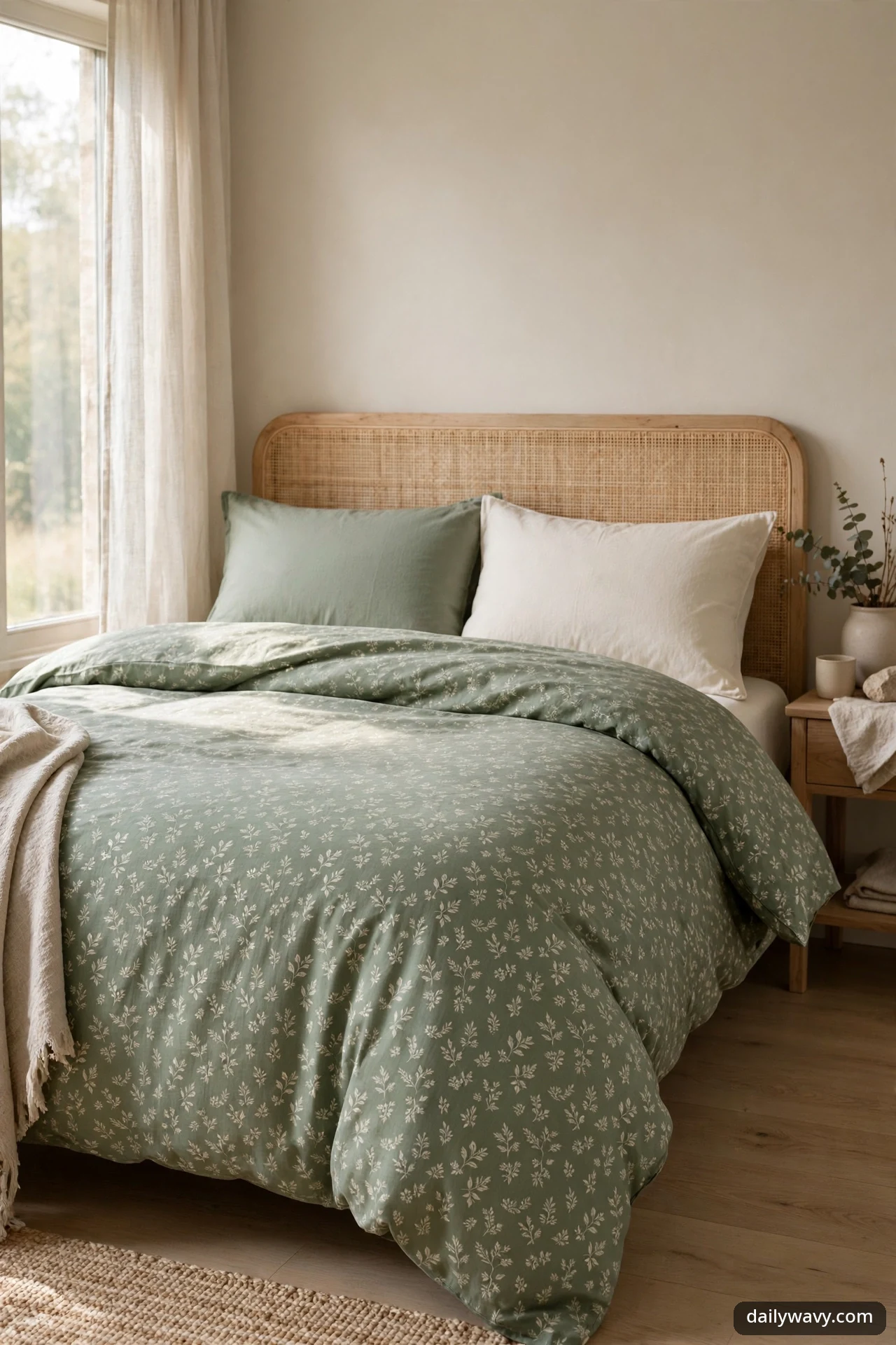 Sage green duvet with a small ivory leaf print, styled with one sage and one ivory pillow against a rattan headboard