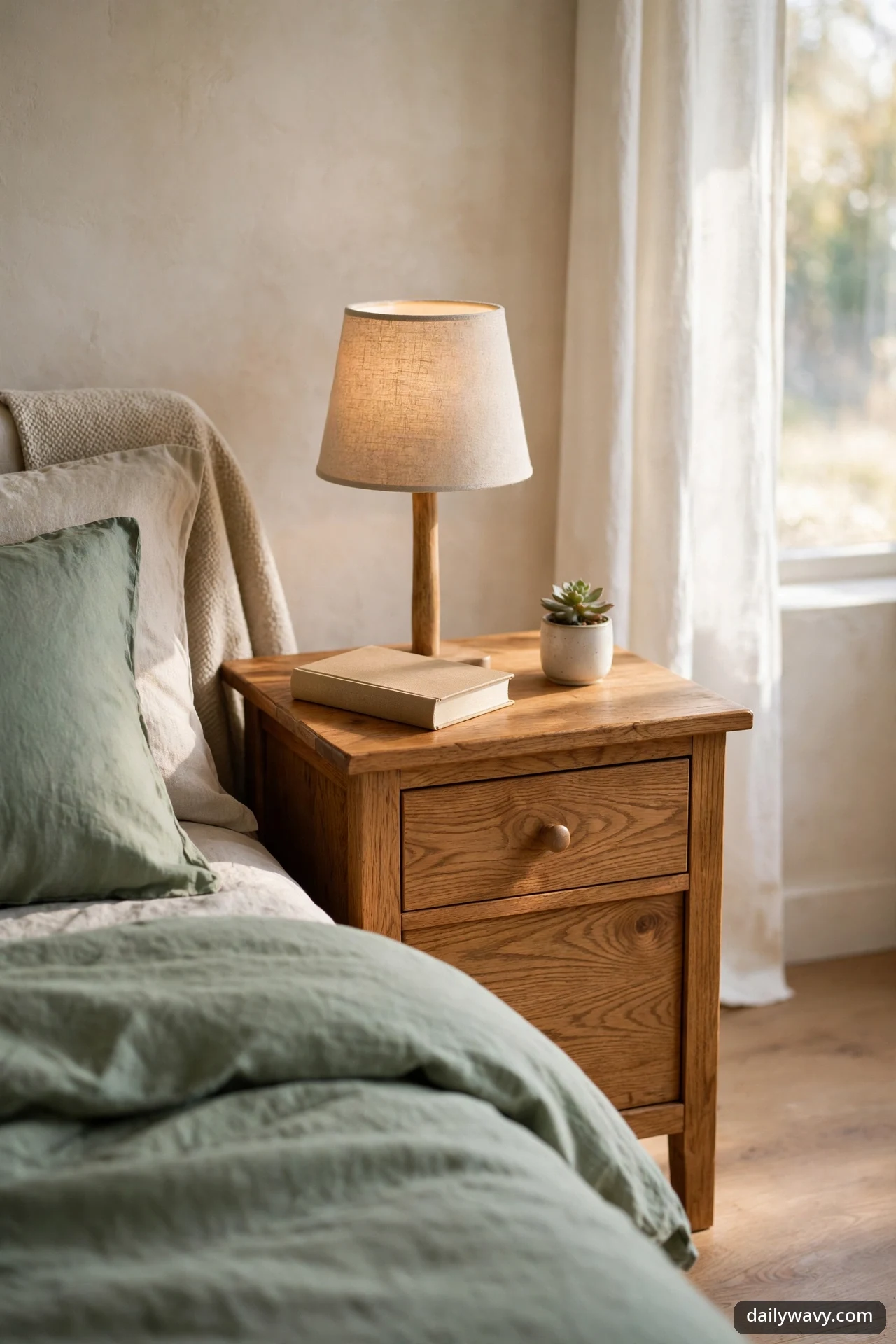 Warm wood nightstand beside a sage green bed, holding a linen-shade lamp, a book, and a small potted succulent