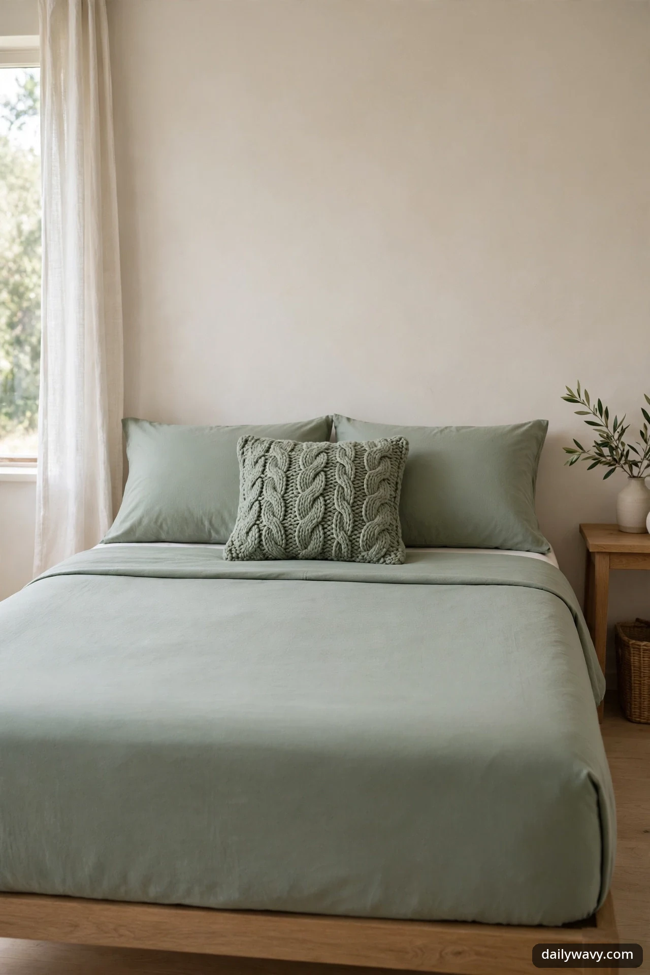 Smooth sage green bedspread with a chunky cable-knit sage lumbar pillow in front of two sage sleeping pillows