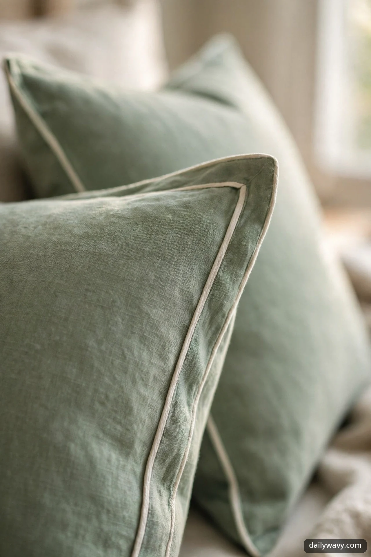 Close-up of two sage green pillow shams with ivory contrast piping along the seams